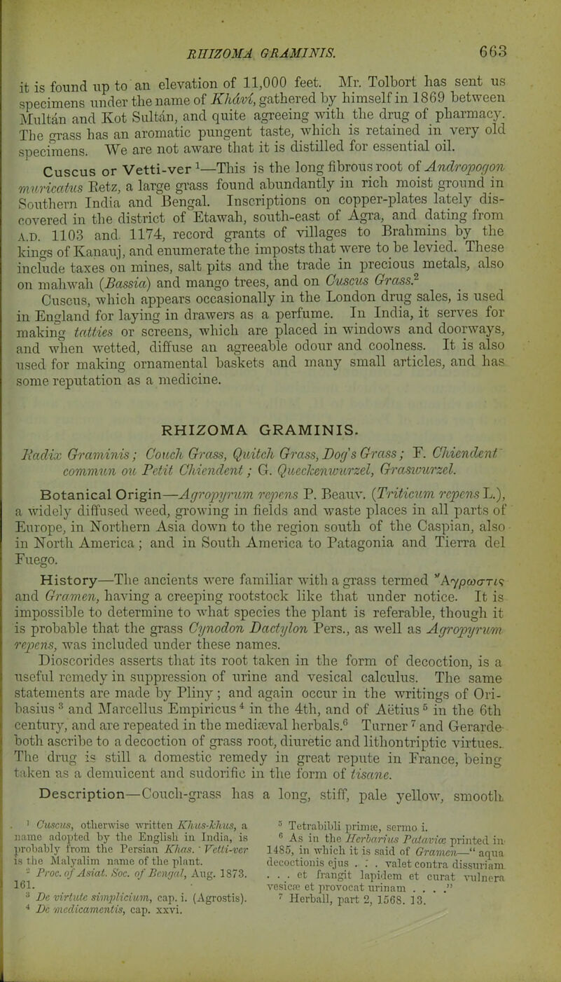 it is found up to an elevation of 11,000 feet. Mr. Tolbort has sent us specimens under the name of KIM, gathered by himself in 1869 between Multan and Kot Sultan, and quite agreeing with the drug of pharmacy. The grass has an aromatic pungent taste, which is retained in. very old specimens. We are not aware that it is distilled for essential oil. Cuscus or Vetti-ver x—This is the long fibrous root of Andropogon muricatus Betz, a large grass found abundantly in rich moist ground in Southern India and Bengal. Inscriptions on copper-plates lately dis- covered in the district of Etawah, south-east of Agra, and dating from a.d. 1103 and. 1174, record grants of villages to Brahmins by the kings of Kanauj, and enumerate the imposts that were to be levied. These include taxes on mines, salt pits and the trade in precious metals, also on mahwah (Cassia) and mango trees, and on Cuscus Grass. Cuscus, which appears occasionally in the London drug sales, is used in England for laying in drawers as a perfume. In India, it serves for making tatties or screens, which are placed in windows and doorways, and when wetted, diffuse an agreeable odour and coolness. It is also used for making ornamental baskets and many small articles, and has some reputation as a medicine. RHIZOMA GRAMINIS. liadix Grciminis; Couch Grass, Quitch Grass, Dog s Grass; F. Chiendent commun ou Petit Cliicndcnt; G. Queckenwurzel, Graswurzel. Botanical Origin—Agropyrum repens P. Beauv. (Triticum repens L.), a widely diffused weed, growing in fields and waste places in all parts of Europe, in Northern Asia down to the region south of the Caspian, also in North America; and in South America to Patagonia and Tierra del Fuego. History—The ancients were familiar with a grass termed AypaxTris and Gramen, having a creeping rootstock like that under notice. It is impossible to determine to what species the plant is referable, though it is probable that the grass Cynodon Dactylon Pers., as wrell as Agropyrum repens, wTas included under these names. Dioscorides asserts that its root taken in the form of decoction, is a useful remedy in suppression of urine and vesical calculus. The same statements are made by Pliny; and again occur in the writings of Ori- basius 1 * 3 and Marcellus Empiricus4 in the 4th, and of Aetius6 in the 6th century, and are repeated in the mediaeval herbals.6 Turner7 and Gerarde- both ascribe to a decoction of grass root, diuretic and lithontriptic virtues.. The drug is still a domestic remedy in great repute in France, being- taken as a demulcent and sudorific in the form of tisane. Description—Couch-grass has a long, stiff, pale yellow, smooth 1 Cuscus, otherwise written Khus-khus, a name adopted by the English in India, is probably from the Persian Klicts. ' Vetli-vcr is the Malyalim name of the plant. - Proc. of Asiat. Soc. of Bengal, Aug. 1873. 161. 3 Dc virtute simpliciwn, cap. i. (Agrostis). 4 Dc mcclicamcntis, cap. xxvi. 5 Tetrabibli prims, sermo i. fi As in the Herbarius Patavicc printed in 1485, in which it is said of Gramen—“ aqua decoctionis ejus . ; . valet contra dissuriana. . . . et frangit lapidem et curat vulnera vesica? et provocat urinam . . . 7 Herball, part 2, 1568. 13.