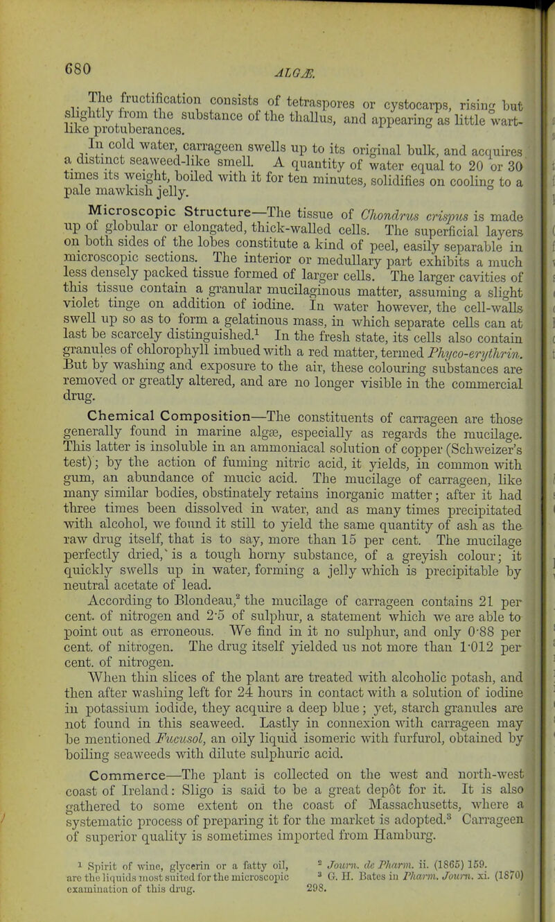 ALGM r .wi° ^ i u(‘11(1 cation consists of tetraspores or cystocarps, rising but slig it y from the substance ot the thallus, and appearing as little wart- like protuberances. In cold water carrageen swells up to its original bulk, and acquires a distinct seaweed-like smell. A quantity of water equal to 20 or 30 times its weight, boiled with it for ten minutes, solidifies on cooling to a pale mawkish jelly. Microscopic Structure Ihe tissue of Chondrus crispus is made up ot globular oi elongated, thick-walled cells. The superficial layers on both sides of the lobes constitute a kind of peel, easily separable in microscopic sections.. The interior or medullary part exhibits a much less densely packed tissue formed of larger cells. The larger cavities of this tissue contain a granular mucilaginous matter, assuming a slight violet tinge on addition of iodine. In water however, the cell-walls swell up so as to iorm a gelatinous mass, in which separate cells can at last be scarcely distinguished.1 In the fresh state, its cells also contain granules of chlorophyll imbued with a red matter, termed Phyco-erythrin. But by washing and exposure to the air, these colouring substances are removed or greatly altered, and are no longer visible in the commercial drug. Chemical Composition—The constituents of carrageen are those generally found in marine algte, especially as regards the mucilage. This latter is insoluble in an ammoniacal solution of coj>per (Schweizer’s test); by the action of fuming nitric acid, it yields, in common with gum, an abundance of mucic acid. The mucilage of carrageen, like many similar bodies, obstinately retains inorganic matter; after it had three times been dissolved in water, and as many times precipitated with alcohol, we found it still to yield the same quantity of ash as the raw drug itself, that is to say, more than 15 per cent. The mucilage perfectly dried,v is a tough horny substance, of a greyish colour; it quickly swells up in water, forming a jelly which is precipitable by neutral acetate of lead. According to Blondeau,2 the mucilage of carrageen contains 21 per cent, of nitrogen and 2‘5 of sulphur, a statement which we are able to point out as erroneous. We find in it no sulphur, and only 0'88 per cent, of nitrogen. The drug itself yielded us not more than 1,012 per cent, of nitrogen. When thin slices of the plant are treated with alcoholic potash, and then after washing left for 24 hours in contact with a solution of iodine in potassium iodide, they acquire a deep blue; yet, starch granules are not found in this seaweed. Lastly in connexion with carrageen may be mentioned Fucusol, an oily liquid isomeric with furfurol, obtained by boiling seaweeds with dilute sulphuric acid. Commerce—The plant is collected on the west and north-west coast of Ireland: Sligo is said to be a great depot for it. It is also gathered to some extent on the coast of Massachusetts, where a systematic process of preparing it for the market is adopted.3 Carrageen of superior quality is sometimes imported from Hamburg. 1 Spirit of wine, glycerin or a fatty oil, 2 Journ. de Pharm. ii. (1865) 159. are the liquids most suited for the microscopic 3 G. II. Bates in Pharm. Journ. xi. (18/0) examination of this drug. 298.