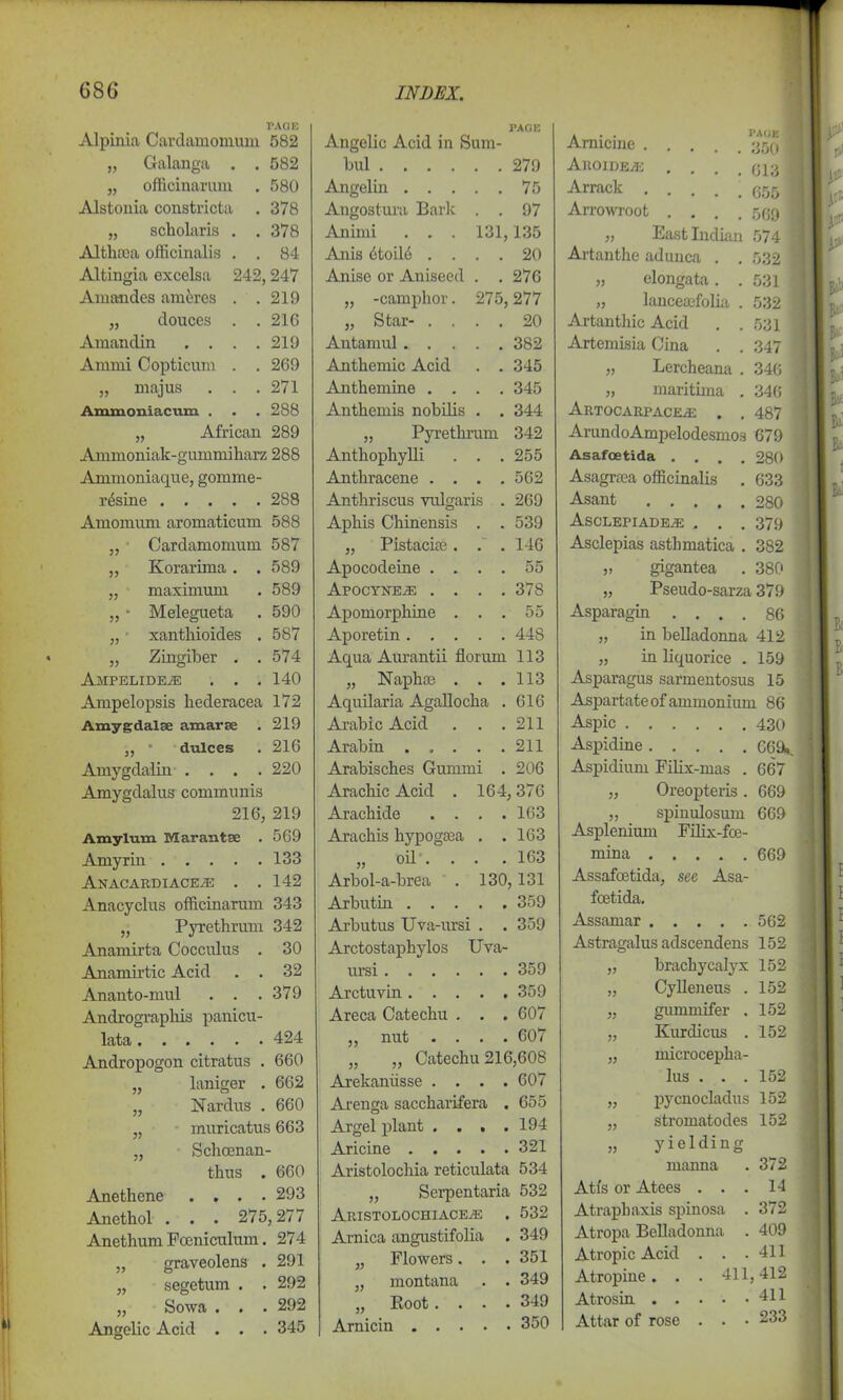 PAGE Alpinia Cardamomum 582 „ Galanga . . 582 „ officinamm . 580 Alstonia constricta . 378 „ scholaris . .378 Althiea officinalis . . 84 Altingia excelsa 242,247 Amandes ameres . .219 „ douces . . 216 Amandin . . . .219 Ammi Copticum . . 269 „ majus . . .271 Ammoniacum . . . 288 „ African 289 Ammoniak-gummiharz 288 Ammoniaque, gomme- rdsine 288 Amomum aromaticum 588 ,, Cardamomum 587 „ Korarima . . 589 „ maximum . 589 „ * Melegueta . 590 „ xantliioides . 587 „ Zingiber . .574 Ampelide^i . . . 140 Ampelopsis hederacea 172 Amygdalse am ares . 219 ,, • dulces . 216 Amygdalin .... 220 Amygdalus communis 216, 219 Amylum Marantse . 569 Amyrin 133 Anacardiace^ . . 142 Anacyclus officinarum 343 „ Pyrethrum 342 Anamirta Cocculus . 30 Anamirtic Acid . . 32 Ananto-mul . . .379 Andrograpbis panicu- late 424 Andropogon citratus . 660 „ laniger . 662 „ Nardus . 660 „ muricatus 663 „ Schcenan- thus . 660 Anethene .... 293 Anethol . . . 275,277 Anethum Fceniculum. 274 „ graveolens . 291 „ segetum . . 292 „ Sowa . . . 292 Angelic Acid . . . 345 PAGE Angelic Acid in Sum- bul .... , , 279 Angelin . . . . . 75 Angostura Bark . 97 Animi . . . 131, 135 Anis dtoiffi . . , , 20 Anise or Aniseed . . 276 „ -camphor. 275, 277 „ Star- . . . . 20 Antamul . . . . m 382 Anthemic Acid . , 345 Anthemine . . 345 Anthemis nobilis • . 344 „ Pyrethrum 342 Anthophylli . . 255 Anthracene . . . , 562 Anthriscus vulgaris . 269 Aphis Chinensis , , 539 „ Pistacia:. . . 146 Apocodeine . . . 55 ApOCYNEiE . . . . 378 Apomorphine . . 55 Aporetin. . . . 448 Aqua Aurantii florum 113 „ Naphse . • 113 Aquilaria Agallocha . 616 Arabic Acid . . 211 Arabin . . . . , 211 Arabisches Gunimi . 206 Arachic Acid . 164, 376 Arachide . . , • 163 Arachis hypogooa . . 163 „ oil. . • • 163 Arbol-a-brea 130. , 131 Arbutin . . . . . 359 Arbutus Uva-ursi , , 359 Arctostaphylos Uva- ursi 359 Arctuvin 359 Areca Catechu . . . 607 „ nut .... 607 „ „ Catechu 216,608 Arekaniisse .... 607 Arenga saccharifera . 655 Argel plant . . . .194 Aricine 321 Aristolochia reticulata 534 „ Serpentaria 532 Aristolochiace/e . 532 Arnica angustifolia . 349 „ Flowers. . . 351 „ montana . . 349 „ Root .... 349 Arnicin 350 PAGE 31 Arnicine . Aroidea; Arrack . Arrowroot East Indian 574 Artanthe adunca „ elongate „ lanceaefolia . 532 Artanthic Acid . . 531 Artemisia Cina . . 347 Lercheana . 346 maritiina . 346 Artocarpace^ . . 487 ArundoAmpelodesmos 679 280 633 280 379 382 380 Asafoetida Asagrtea officinalis Asant .... Asclepiade^: . . Asclepias asthmatica „ gigantea „ Pseudo-sarza 379 Asparagin .... 86 „ in belladonna 412 „ in liquorice . 159 Asparagus sarmentosus 15 Asj>artate of ammonium 86 Aspic 430 Aspidine 669,. Aspidium Filix-mas . 667 „ Oreopteris . 669 „ spinulosum 669 Asplenium Filix-fce- mina 669 Assafoetida, see Asa- foetida. Assamar 562 Astragalus adscendens 152 „ brachycalyx 152 „ Cylleneus . 152 „ gummifer . 152 „ Kurdicus . 152 „ microcepha- lus . . . 152 „ pycnocladus 152 „ stromatodes 152 „ yielding manna . 372 Atfs or Atees ... 14 Atrapbaxis spinosa . 372 Atropa Belladonna . 409 Atropic Acid . . .411 Atropine. . . 411,412 Atrosin 411 Attar of rose . . • 233