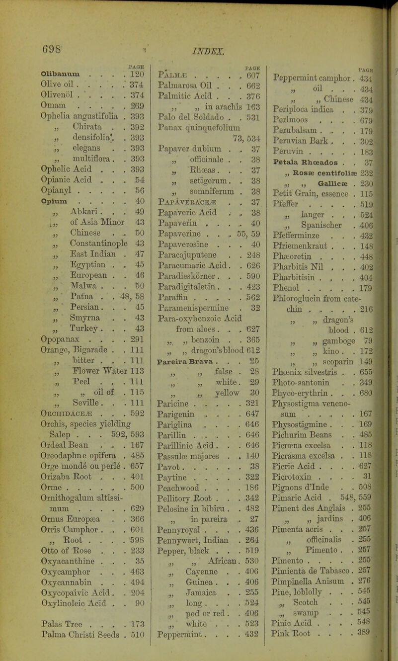 (598 Olibanum .... paok 120 Olive oil ' 374 Olivenol Omani 269 Ophelia angustifolia . 393 „ Chirata . . 392 „ densifolia*. . 393 „ elegans . . 393 „ multiflora. . 393 Ophelic Acid . . . 393 Opianic Acid . . . 54 Opianyl 56 Opium 40 ,, Abkari. . . 49 [ „ of Asia Minor 43 „ Chinese . . 50 „ Constantinople 43 „ East Indian . 47 „ Egyptian . . 45 „ European . . 46 „ Malwa . . . 50 „ Patna . . 48 , 58 „ Persian. . . 45 „ Smyrna . . 43 „ Turkey . . . 43 Opopanax .... 291 Orange, Bigarade . . 111 „ bitter . . . 111 „ Flower Water 113 „ Peel . . . 111 „ „ oil of . 115 „ Seville. . . 111 ORCHIDACE.E . . . 592 Orchis, species yielding Salep . . . 592, 593 Ordeal Bean ... 167 Oreodaphne opifera . 485 Orge monde ouperle . 657 Orizaba Root .. . . 401 Orme 500 Ornithogalum altissi- mum 629 Ornus Europtea . . 366 Orris Camphor . . . 601 „ Root .... 598 Otto of Rose . . . 233 Oxyacanthine . . . 35 Oxycamphor . . . 463 Oxycannabin . . . 494 Oxycopaivic Acid. . 204 Oxylinoleic Acid . . 90 Palas Tree .... 173 Palma Christi Seeds . 510 PAGE Palma: 607 Palmarosa Oil . . . 662 Palmitic Acid . . . 376 ,, „ in arachis 163 Palo del Soldado . . 531 Panax quinquefolium 73, 534 Papaver dubium . . 37 „ officinale . . 38 „ Rhoeas. . . 37 „ setigerum. . 38 „ somniferum . 38 Papaveracea: . . 37 Papaveric Acid . . 38 Papaverin 40 Papaverine . . .55, 59 Papaverosine . . . 40 Paracajuputene . . 248 Paracumaric Acid. . 626 Paradieskorner. . . 590 Paradigitaletin. . . 423 Paraffin . . . . . 562 Paramenispermine 32 Para-oxybenzoic Acid from aloes. . ,. 627 „ „ benzoin . . 365 „ „ dragon’s blood 612 Pareira Brava . 25 „ „ false . 28 „ „ white. 29 „ „ yellow 30 Paricine 321 Parigenin .... 647 Pariglina .... 646 Parillin 646 Parillinic Acid. . . 646 Passuke majores . . 140 Pavot 38 Paytine 322 Peachwood .... 186 Pellitory Root . . . 342 Pelosine in bibiru . . 482 „ in pareira 27 Pennyroyal .... 436 Pennywort, Indian . 264 Pepper, black . . . 519 „ „ African. 530 „ Cayenne . . 406 „ Guinea. . . 406 „ Jamaica . . 255 lono*.... 524 „ pod or red . . 406 „ white . . . 523 Peppermint.... 432 pagb Peppermint camphor. 434 » oil . . . 434 „ „ Chinese 434 Periploca indica . . 379 Perlmoos .... 679 J Perubalsam .... 179 Peruvian Bark . . . 302 Peruvin 183 1 Petala Rhoeados . . 37 „ Rosse centifoliae 232 „ „ Gallic se . 230 Petit Grain, essence . 1151 Pfeffer 519 „ langer . . .524 „ Spanischer . 406 Pfefferminze . . . 432 Pfriemenkraut . . . 148 Pheeoretin .... 448 Pharbitis Nil . . . 402 Pharbitisin .... 404 Phenol 179 Phloroglucin from cate- chin 216 „ „ dragon’s blood . 612 n » gamboge 79 „ „ kino . . 172 „ „ scoparin 149 Phoenix silvestris . . 655 Photo-santonin . . 349 Phyco-erythrin. . . 680 Pliysostigma veneno- sum . . . Physostigmine . Pichurim Beans Picrtena excelsa Picrasma excelsa Picric Acid . . Picrotoxin . . Pignons d’Inde Pimaric Acid . Piment des Anglais . „ „ jardins . 406 Pimenta acris . . . 257 „ officinalis . 255 „ Pimento . . 257 Pimento 255 Pimienta de Tabasco. 257 167 169 485 118 118 627 31 508 o48, 559 255 Pimpinella Anisurn . 276 Piue, loblolly . . . 545 Scotch . . . 545 swamp . . . 545 Pinic Acid . . . . 548 Pink Root . . . . 3S9