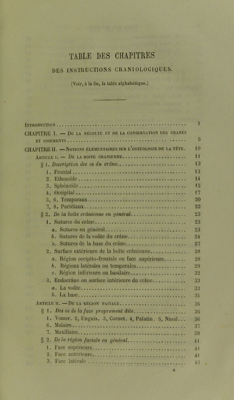 TABLE DES CHAPITRES' DES INSTRUCTIONS CllANlOLOGIQUES, (Voir, à la fin, la table alphabétique.) 1 CHAPITRE 1. — De LA récolte et de la conservation des crânes ET OSSEMENTS ^ CHAPITRE II. — Notions élémentaires sur l’ostéologie de la tète . 10 Article i. — De la boite crânienne Il § 1. Description des os du crâne 13 1. Frontal 13 2. Ethinoïde 14 3. Sphénoïde 13 4. Occipital 17 3, 6. Temporaux 20 7, 8. Pariétaux 22 §2. De la boîte crânienne en général 23 1. Sutures du crâne 23 O. Sutures en général 23 b. Sutures de la voûte du crâne 24 'c. Sutures de la base du crâne 27 2. Surface extérieure de la boîte crânienne 28 а. Région occipito-frontale ou face supérieure 28 б. Régions latérales ou temporales 29 c. Région inférieure ou basilaire 32 3. Endocrâne ou surface intérieure du crâne 33 a. La voûte 33 b. La base 34 Article ii. —De la région faciale 30 § 1. Des os de la face proprement dite 30 1. Vomer. 2, Unguis. 3, Cornet. 4, Palatin. 3, Nasal... 30 6. Malaire 37 7. Maxillaire 38 § 2. De la région faciale en général 41 1. Face supérieure 41 2. Face antérieure 41 3. Face latérale 43 a