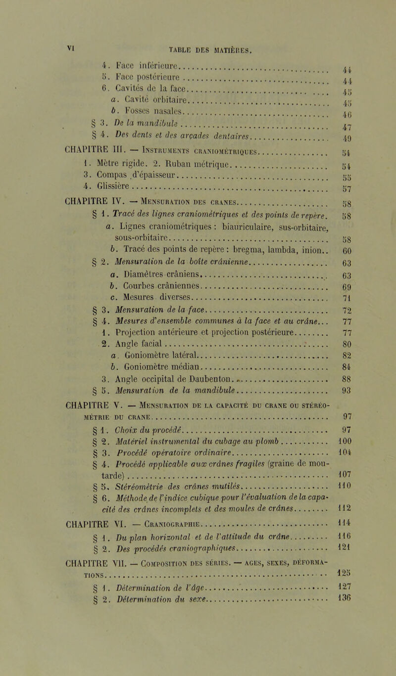 4. Face inférieure 5. Face postérieure 6. Cavités de la face a. Cavité orbitaire b. Fosses nasales z^j. § 3. De la mandibule § 4. Des dents et des arcades dentaires 49 CHAIUTRE III. — Instuuments craniomêtriques 54 1. Mètre rigide. 2. Ruban métrique 54 3. Compas .d’épaisseur 55 4. Glissière 5-7 CHAPITRE IV. — AIensübation des crânes 58 § d. Tracé des lignes craniomélriques et des points de repère. S8 a. Lignes craniométriques : biauriculaire, sus-orbitaire, sous-orbitaire 58 b. Tracé des points de repère : bregma, lambda, inion.. 60 § 2. Mensuration de la boîte crânienne 63 a. Diamètres crâniens 63 b. Courbes crâniennes 69 c. Mesures diverses 71 § 3. Mensuration de la face 72 § 4. Mesures d'ensemble communes à la face et au crâne... 77 1. Projection antérieure et projection postérieure 77 2. Angle facial ..: 80 a. Goniomètre latéral 82 b. Goniomètre médian 84 3. Angle occipital de Daubenton 88 § S. Mensuration de la mandibule 93 CHAPITRE V. — Mensuration de la capacité du crâne ou stéréo- métrie DU CRANE 97 § 1. Choix du procédé 97 § 2. Matériel instrumental du cubage au plomb 100 § 3. Procédé opératoire ordinaire 104 § 4. Procédé applicable aux crânes fragiles (graine de mou- tarde) lO'i' § 5. Stéréométrie des crânes mutilés 110 § 6. Méthode de l’indice cubique pour l’évaluation delàcapa> cité des crânes incomplets et des moules de crânes 112 CHAPITRE VI. — Craniograpiiie H 4 § i. Du plan horizontal et de l'attitude du crâne 116 § 2. Des procédés craniographiques 121 CHAPITRE VH. — Composition des séries. — âges, sexes, déforma- tions •• ^25 § 1. Détermination de l’âge 127 § 2. Détermination du sexe 136