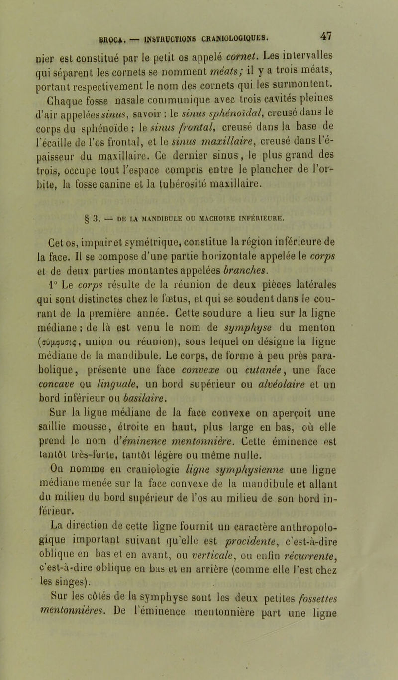 nier est constitué par le petit os appelé cornet. Les intervalles qui séparent les cornets se nomment méats; il y a trois méats, portant respectivement le nom des cornets qui les surmontent. Chaque fosse nasale communique avec trois cavités pleines d’air appelées savoir ; le sinus sphénoïdal, creusé dans le corps du sphénoïde ; le sinus frontal, creusé dans la base de l’écaille de l’os frontal, et le sinus maxillaire, creusé dans l’é- paisseur du maxillaire. Ce dernier sinus, le plus grand des trois, occupe tout l'espace compris entre le plancher de l’or- bite, la fosse canine et la tubérosité maxillaire. § .3. — RE LA MANDIBULE OU MACHOIRE INFÉRIEURE. Cet OS, impair et symétrique, constitue la région inférieure de la face. Il se compose d’une partie horizontale appelée le corps et de deux parties montantes appelées r Le corps résulte de la réunion de deux pièces latérales qui sont distinctes chez le fœtus, et qui se soudent dans le cou- rant de la première année. Cette soudure a lieu sur la ligne médiane ; de là est venu le nom de symphyse du menton (aûiAipuaiç, union ou réunion), sous lequel on désigne la ligne médiane de la mandibule. Le corps, de forme à peu près para- bolique, présente une face convexe ou cutanée, une face concave ou linguale, un bord supérieur ou alvéolaire et un bord inférieur ou basilaire. Sur la ligne médiane de la face convexe on aperçoit une saillie mousse, étroite en haut, plus large en bas, où elle prend le nom à!éminence mentonnière. Cette éminence est tantôt très-forte, tantôt légère ou même nulle. On nomme en craniologie ligne symphysienne une ligne médiane menée sur la face convexe de la mandibule et allant du milieu du bord supérieur de l’os au milieu de son bord in- férieur. La direction de cette ligne fournit un caractère anthropolo- gique important suivant qu'elle est procidente, c’est-à-dire oblique en bas et en avant, ou verticale, ou enfin récurrente, c’est-à-dire oblique en bas et en arrière (comme elle l’est chez les singes). Sur les côtés de la symphyse sont les deux petites fossettes mentonnières. De l’éminence mentonnière part une ligne