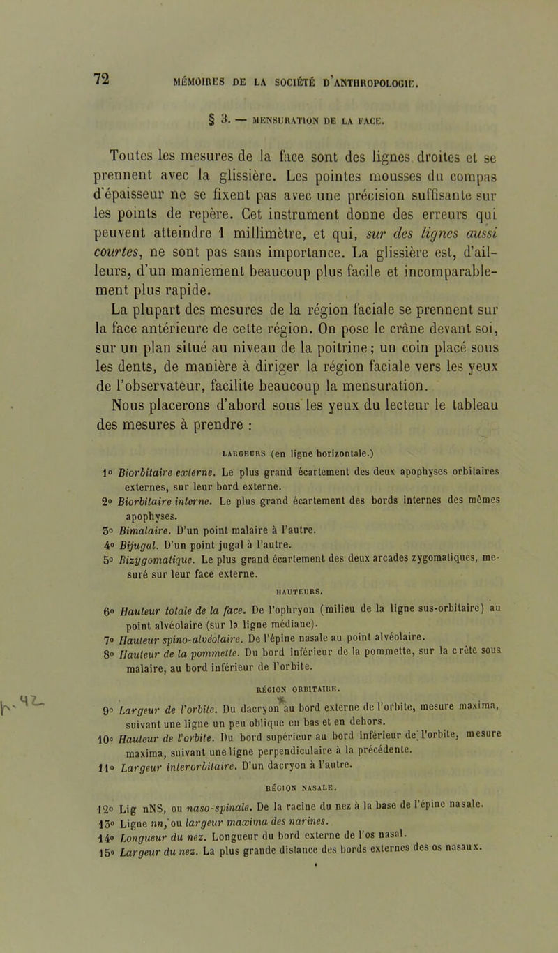 § 3. — MENSUUATIÜN DE LA FACE. Toutes les mesures de la l'ace sont des lignes droites et se prennent avec la glissière. Les pointes mousses du compas d’épaisseur ne se fixent pas avec une précision sul'fisante sur les points de repère. Cet instrument donne des erreurs qui peuvent atteindre 1 millimètre, et qui, sur des lignes aussi courtes, ne sont pas sans importance. La glissière est, d’ail- leurs, d’un maniement beaucoup plus facile et incomparable- ment plus rapide. La plupart des mesures de la région faciale se prennent sur la face antérieure de cette région. On pose le crâne devant soi, sur un plan situé au niveau de la poitrine; un coin placé sous les dents, de manière à diriger la région faciale vers les yeux de l’observateur, facilite beaucoup la mensuration. Nous placerons d’abord sous les yeux du lecteur le tableau des mesures à prendre : LAncECRS (en ligne horizontale.) lo Blorbitaire externe. Le plus grand écartement des deux apophyses orbitaires externes, sur leur bord externe. 2® Biorbitaire interne. Le plus grand écartement des bords internes des mêmes apophyses. 3® Bimalaire. D’un point raalaire à l’autre. 4® Bijugul. D’un point jugal à l’autre. 5® Bizygomatique. Le plus grand écartement des deux arcades zygomatiques, me- suré sur leur face externe. HAUTEURS. 6® Hauteur totale de la face. De l’ophryon (milieu de la ligne sus-orbitaire) au point alvéolaire (sur la ligne médiane). 7® Hauteur spino-alvéolaire. De l’épine nasale au point alvéolaire. 8® Hauteur de la pommette. Du bord inférieur de la pommette, sur la crête sous malaire, au bord inférieur de l’orbite. RÉGION ORDITAIRE. M y _ l’N' 90 largeur de l'orbite. Du dacryon au bord externe de l’orbite, mesure maxima, suivant une ligne un peu oblique en bas et en dehors. 10® Hauteur de t'orbite. Du bord supérieur au bord inférieur de)l’orbite, mesure maxima, suivant une ligne perpendiculaire h la précédente. 11® Largeur interorbitaire. D’un dacryon à 1 autre. RÉGION NASALE. 12® Lig nNS, ou naso-spinale. De la racine du nez à la base de l’épine nasale. 13® Ligne nn,’ou targeur maxima des narines. 14® Longueur du nez. Longueur du bord externe de l’os nasal. 15» Largeur du nez. La plus grande dislance des bords externes des os nasaux.