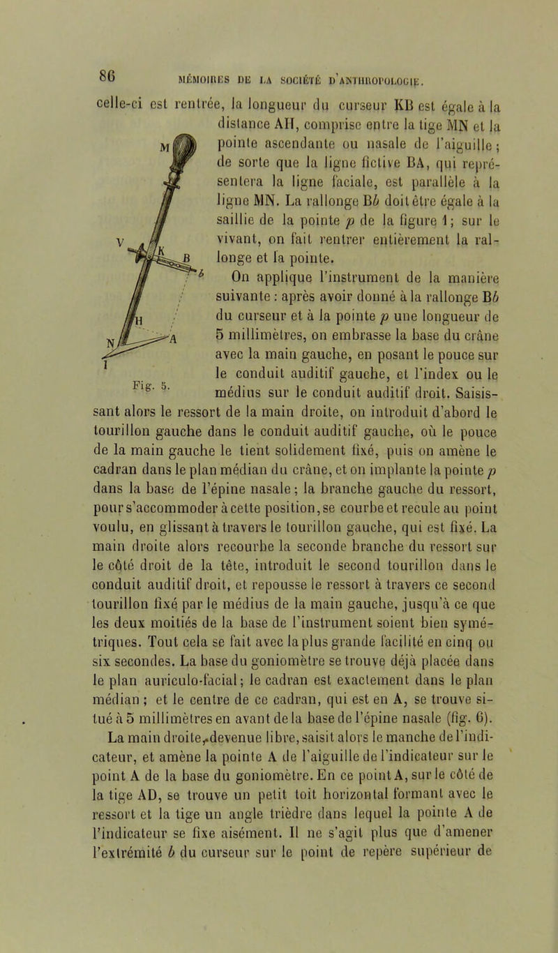 8G MÉMOIRES Dli I,A SOCIÉTÉ D’AKTHU01>ÜL0Gl|i. celle-ci est rentrée, la longueur du curseur KB est égale à la distance AH, comprise entre la tige MN et lu pointe ascendante ou nasale de l’aiguille ; de sorte que la ligne fictive BA, qui repré- sentera la ligne faciale, est parallèle à la ligne JVIN. La rallonge Bi doit être égale à lu saillie de la pointe 'p de la figure 1 ; sur le vivant, on lait rentrer entièrement la ral- longe et la pointe. On applique l’instrument de la manière suivante : après avoir donné à la rallonge B/ü du curseur et à la pointe p une longueur de 5 millimètres, on embrasse la base du crâne avec la main gauche, en posant le pouce sur le conduit auditif gauche, et l’index ou le médius sur le conduit auditif droit. Saisis- sant alors le ressort de la main droite, on introduit d’abord le tourillon gauche dans le conduit auditif gauche, où le pouce de la main gauche le tient solidement üxé, puis on amène le cadran dans le plan médian du crâne, et on implante la pointe p dans la base de l’épine nasale ; la branche gauche du ressort, pour s’accommoder à cette position, se courbe et recule au point voulu, en glissant à travers le tourillon gauche, qui est fixé. La main droite alors recourbe la seconde branche du ressort sur le côté droit de la tête, introduit le second tourillon dans le conduit auditif droit, et repousse le ressort à travers ce second tourillon fixé par le médius de la main gauche, jusqu’cà ce que les deux moitiés de la base de l’instrument soient bien symé- triques. Tout cela se fait avec la plus grande facilité en cinq ou six secondes. La base du goniomètre se trouve déjà placée dans le plan auriculo-facial ; le cadran est exactement dans le plan médian ; et le centre de ce cadran, qui est en A, se trouve si- tué à 5 millimètres en avant de la base de l’épine nasale (fig. G), La main droite,.devenue libre, saisit alors le manche de l’indi- cateur, et amène la pointe A de l’aiguille de l’indicateur sur le point A de la base du goniomètre. En ce point A, sur le côté de la tige AD, se trouve un petit toit horizontal formant avec le ressort et la tige un angle trièdre dans lequel la pointe k de l’indicateur se fixe aisément. Il ne s’agit plus que d’amener l’extrémité b du curseur sur le point de repère supérieur de