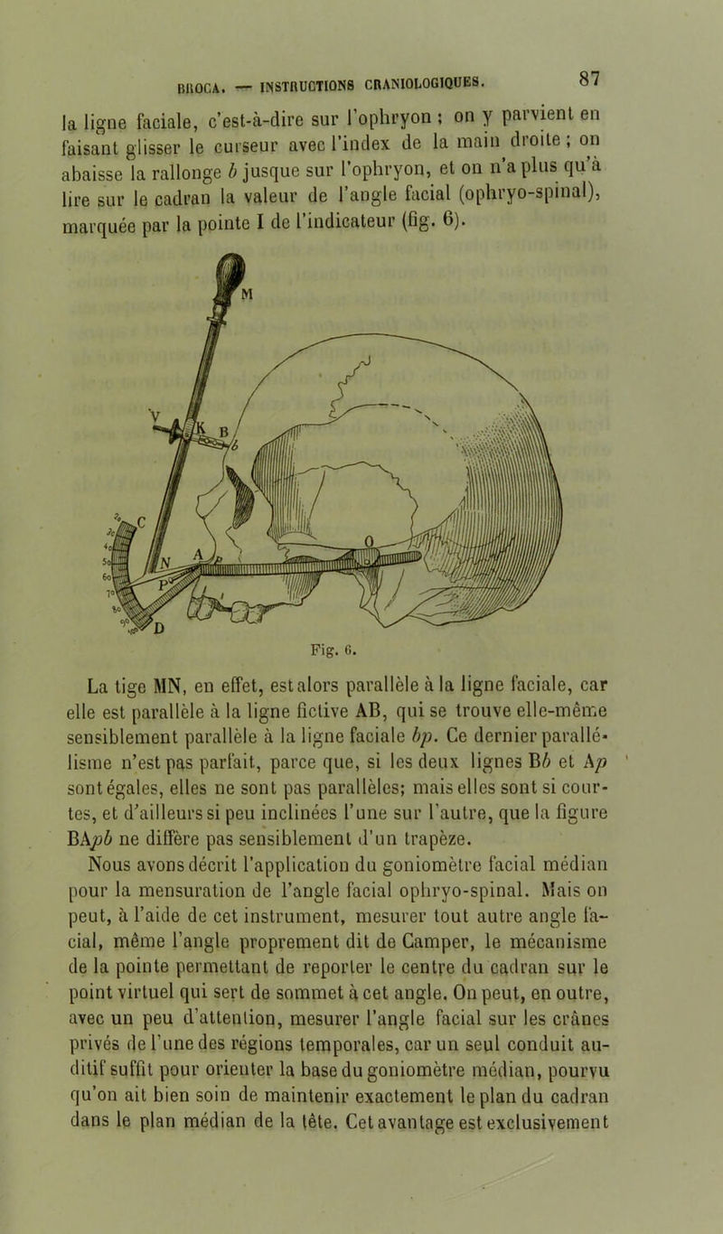la ligne faciale, c’est-à-dire sur 1 ophryon ; on y paivient en faisant glisser le curseur avec l’index de la main droite ; on abaisse la rallonge h jusque sur l’ophryon, et on n’a plus qu’à lire sur le cadran la valeur de l’angle facial (ophryo-spinal), marquée par la pointe I de l indicateur (fig. 6). La tige MN, en effet, est alors parallèle à la ligne faciale, car elle est parallèle à la ligne fictive AB, qui se trouve elle-même sensiblement parallèle à la ligne faciale bp. Ce dernier parallé- lisme n’est pas parfait, parce que, si les deux lignes B6 et kp ' sont égales, elles ne sont pas parallèles; mais elles sont si cour- tes, et d’ailleurs si peu inclinées l’une sur l’autre, que la figure ne diffère pas sensiblement d’un trapèze. Nous avons décrit l’application du goniomètre facial médian pour la mensuration de l’angle facial ophryo-spinal. Mais on peut, à l’aide de cet instrument, mesurer tout autre angle fa- cial, même l’angle proprement dit de Camper, le mécanisme de la pointe permettant de reporter le centre du cadran sur le point virtuel qui sert de sommet à cet angle. On peut, en outre, avec un peu d’attention, mesurer l’angle facial sur les crânes privés de l’une des régions temporales, car un seul conduit au- ditif suffit pour orienter la base du goniomètre médian, pourvu qu’on ait bien soin de maintenir exactement le plan du cadran dans le plan médian de la tête. Cet avantage est exclusivement