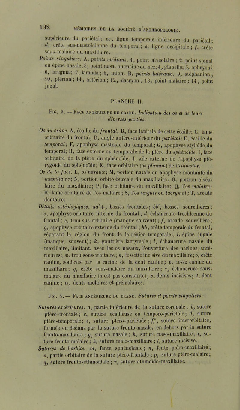 supérieure du pariétal; cc, ligne temporale inférieure du pariétal; d, crête sus-mastoidicnne du temporal; e, ligne occipitale ; /, crête sous-malairc du maxillaire. Points singuliers. A, points médians. 1, point alvéolaire ; 2, point spinal ou épine nasale; 3, point nasal ou racine du nez; 4, glabelle; 3, opliryonî (j, bregma; 7, lambda; 8, inion. B, points latéraux. 9, stéplianion; 10, ptérion ; H, astérion ; 12, dacryon; 13, point malaire; 14, point jugal. PLANCHE 11. Fig. 3. — Face ANTÊaiEcaE du crâne. Indication des os et de leurs diverses parties. Os du crâne. A, écaille du frontal-, B, face latérale de cette écaille; C, lame orbitaire du frontal; D, angle antéro-inférieur du pariétal; E, écaille du temporal; F, apophyse mastoïde du temporal ; G, apophyse styloïde.du temporal; H, face externe ou temporale de la ptère du sphénoïde; I, face orbitaire de la ptère du sphénoïde; J, aile externe de l’apophyse pté- rygoïde du sphénoïde; Iv, face orbitaire {os planum) de Vethmoïde. Os de la face. L, os nasaux; M, portion nasale ou apophyse montante du maxillaire; N, portion orbito-buccale du maxillaire; O, portion alvéo- laire du maxillaire; P, face orbitaire du maxillaire; Q, l’os malaire; R, lame orbitaire de Los malaire ; S, l’os unguis ou lacrymal; T, arcade dentaire. Détails ostéologiques. aa'+, bosses frontales ; 66', bosses sourcilières ; c, apophyse orbitaire interne du frontal ; d, échancrure trochléenne du frontal ; e, trou sus-orbitaire (manque souvent) ; f, arcade sourcilière ; g, apophyse orbitaire externe du frontal ; hh, crête temporale du frontal, séparant la région du front de la région temporale ; i, épine jugale (manque souvent) ; k, gouttière lacrymale ; l, échancrure nasale du maxillaire, limitant, avec les os nasaux, l’ouverture des narines anté- rieures; m, trou sous-orbitaire; n, fossette incisive du maxillaire; o, crête canine, soulevée par la racine de la dent canine; p, fosse canine du maxillaire ; q, crête sous-malaire du maxillaire ; r, échancrure sous- malaire du maxillaire (n’est pas constante); s, dents incisives; t, dent canine ; u, dents molaires et prémolaires. Fig. 4.— Face antérieure du crâne. Sutures et points singuliers. Sutures extérieures, a, partie inférieure de la suture coronale ; 6, suture ptéro-frontale ; c, suture écailleuse ou temporo-pariétale ; d, suture ptéro-temporale; e, suture ptéro-pariétale;/'/’, suture interorbitaire, formée en dedans par la suture fronto-nasale, en dehors par la suture Ironto-maxillaire; g, suture nasale; h, suture naso-maxillaire; ï, su- ture fronto-malairc ; k, suture malo-maxillaire ; l, suture incisive. Sutures de l'orbite, m, fente sphénoïdale ; n, fente ptéro-maxillaire ; O, partie orbitaire de la suture ptéro-frontale ; p, suture ptéro-malaire; q, suture fronto-etlimoïdale ; r, suture ethmoïdo-maxillaire.