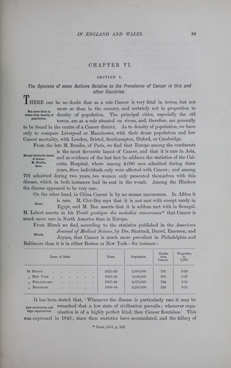 CHAPTER YI. SECTION I. The Opinions of some Authors Relative to the Prevalence of Cancer in this and other Countries. T HERE can be no doubt that as a rule Cancer is very fatal in towns, but not more so than in the country, and certainly not in proportion to Not more fatal in < # J . . . towns from density of density of population. The principal cities, especially the old towns, are as a, rule situated on rivers, and, therefore, are generally to be found in the centre of a Cancer district. As to density of population, we have only to compare Liverpool or Manchester, with their dense population and low Cancer mortality, with London, Bristol, Southampton, Oxford, or Cambridge. From the late M. Boudin, of Paris, we find that Europe among the continents is the most favourite haunt of Cancer, and that it is rare in Asia, Europe^avounte haunt ftn(j ag evp}encc 0f the last fact he adduces the statistics of the Cal- M-®s^din' cutta Hospital, where among 4,080 men admitted during three years, three individuals only were affected with Cancer; and among 701 admitted during two years, two women only presented themselves with this disease, which in both instances had its seat in the womb. Among the Hindoos the disease appeared to be very rare. On the other hand, in China Cancer is by no means uncommon. In Africa it is rare. M. Clot-Bey says that it is not met with except rarely in Egypt, and M. Bax asserts that it is seldom met with in Senegal. M. Lebert asserts in his Traite pratique des maladies cancereuses * that Cancer is much more rare in North America than in Europe. From Hirsch we find, according to the statistics published in the American Journal of Medical Science, by Drs. Shattuck, Darrel, Emerson, and Joynes, that Cancer is much more prevalent in Philadelphia and Baltimore than it is in either Boston or New York—for instance : China. Hirsch. Name of State. Years. Population. Deaths from Cancer. Proportion to 1,000. In Boston 1811-39 2,000,000 176 0-09 „ New York 1805-36 5,036,000 358 0-07 „ Philadelphia 1807-40 4,873,000 744 0-15 „ Baltimore 1836-54 2,250,000 258 O'll It has been stated that, ‘ Whenever the disease is particularly rare it may be Low civilisation and remarked that a low state of civilisation prevails ; whenever orga- ns11 organisation, nisation is of a highly perfect kind, then Cancer flourishes.’ This was expressed in 1845; since then statistics have accumulated, and the fallacy of * Paris, 1851, p. 132.
