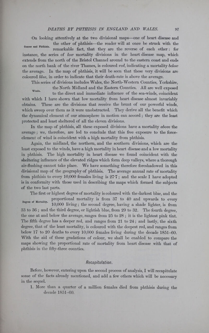Cancer and Phthisis. Winds. On looking attentively at the two divisional maps—one of heart disease and the other of phthisis—the reader will at once be struck with the remarkable fact, that they are the reverse of each other : for instance, the series of low mortality divisions in the heart disease map, which extends from the north of the Bristol Channel around to the eastern coast and ends on the north bank of the river Thames, is coloured red, indicating a mortality beloiv the average. In the map of phthisis, it will be seen that these very divisions are coloured blue, in order to indicate that their death-rate is above the average. This series of divisions includes Wales, the North-Western Counties, Yorkshire, the North Midland and the Eastern Counties. All are well exposed to the direct and immediate influence of the sea-winds, coincident with which I have shown that low mortality from heart disease almost invariably obtains. These are the divisions that receive the brunt of our powerful winds, which sweep over them as it were unobstructed. They derive all the benefit which the dynamical element of our atmosphere in motion can accord ; they are the least protected and least sheltered of all the eleven divisions. In the map of phthisis, all these exposed divisions have a mortality above the average ; we, therefore, are led to conclude that this free exposure to the force- element of wind is coincident with a high mortality from phthisis. Again, the midland, the northern, and the southern divisions, which are the least exposed to the winds, have a high mortality in heart disease and a low mortality in phthisis. The high mortality in heart disease we found coincident with the sheltering influence of the elevated ridges which form deep valleys, where a thorough air-flushing cannot take place. We have something therefore foreshadowed in this divisional map of the geography of phthisis. The average annual rate of mortality from phthisis to every 10,000 females living is 27‘7 ; and the scale I have adopted is in conformity with those used in describing the maps which formed the subjects of the two last parts. The first or highest degree of mortality is coloured with the darkest blue, and the proportional mortality is from 37 to 40 and upwards to every 10,000 living; the second degree, having a shade lighter, is from 33 to 36 ; and the third degree, or lightish blue, from 29 to 32. The fourth degree, the one at and below the average, ranges from 25 to 28 ; it is the lightest pink tint. The fifth degree has a deeper red, and ranges from 21 to 24; and lastly, the sixth degree, that of the least mortality, is coloured with the deepest red, and ranges from below 17 to 20 deaths to every 10,000 females living during the decade 1851-60. With the aid of these gradations of colour, we shall be enabled to compare the maps showing the proportional rate of mortality from heart disease with that of phthisis in the fifty-three counties. Degree of Mortality. Recapitulation. Before, however, entering upon the second process of analysis, I will recapitulate some of the facts already mentioned, and add a few others which will be necessary in the sequel. 1. More than a quarter of a million females died from phthisis during the decade 1851-60.