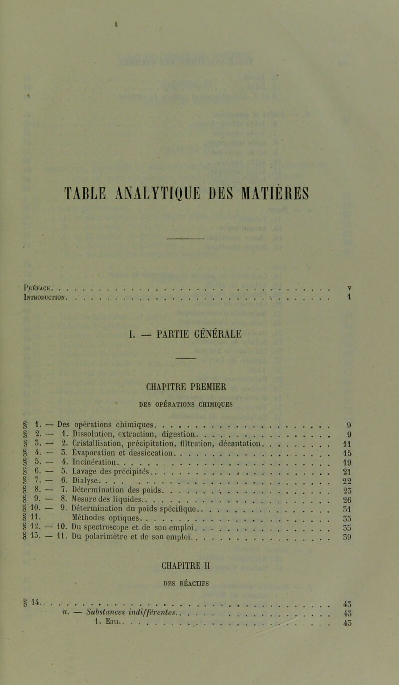 » « TABLE ANALYTIQUE DES MATIÈRES Préface v Introduction •. 1 I. — PARTIE GÉNÉRALE CHAPITRE PREMIER DES OPÉRATIONS CHIMIQUES § 1. — Des opérations chimiques 9 § 2. — 1. Dissolution, extraction, digestion 9 i 5, — 2. Cristallisation, précipitation, filtration, décantation 11 §4.-3. Évaporation et dessiccation 15 § 5. — 4. Incinération 19 8 0. — 5. Lavage des précipités 21 § 7. — 6. Dialyse 22 § 8. — 7. Détermination des poids •„ 23 § 9. — 8. Mesure des liquides 26 § 10. — 9. Détermination du poids spécifique 51 § 11. Méthodes optiques 35 § 12. — 10. Du spectroscope et de son emploi 55 § 13. — 11. Du polarimètre et de son emploi 59 CHAPITRE II DES RÉACTIFS 43 a. — Substances indifférentes 45 1. Eau. 45