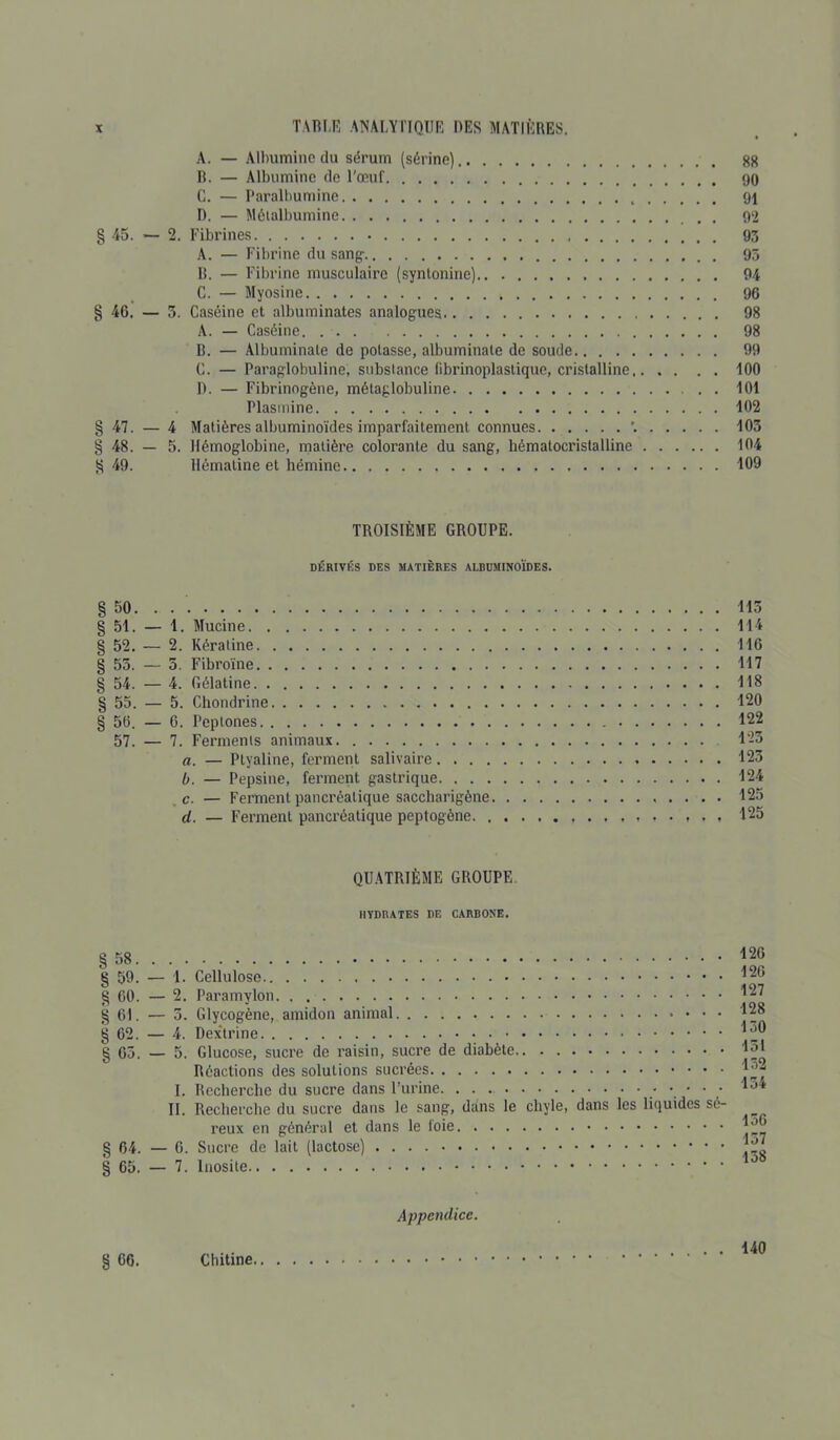 A. — Albumine du sérum (sérine) 88 R. — Albumine de l'œuf 90 C. — Paralbumine 91 D. — Mélalbumine 92 § 45. *— 2. Fibrines 93 A. — Fibrine du sang 95 R, — Fibrine musculaire (syntonine) 94 C. — Myosine 96 § 46. — 3. Caséine et albuminates analogues 98 A. — Caséine 98 R. — Albuminale de potasse, albuminale de soude 99 C. — Paraglobuline, substance librinoplaslique, cristalline 100 D. — Fibrinogène, métaglobuline 101 Plasmine 102 §47. — 4 Matières albuminoïdes imparfaitement connues 103 § 48. — 5. Hémoglobine, matière colorante du sang, hématocristalline 104 §49. Hématine et hémine 109 TROISIÈME GROUPE. DÉRIVÉS DES MATIÈRES ALBUMINOÏDES. §50 113 § 51. — 1. Mucine 114 § 52. — 2. Kératine 116 § 55. — 5. Fibroïne 117 § 54. — 4. Gélatine 118 § 55. — 5. Chondrine 120 § 56. — 6. Peptones 122 57. — 7. Ferments animaux 123 a. — Plyaline, ferment salivaire 123 b. — Pepsine, ferment gastrique 124 c. — Ferment pancréatique saccliarigène 125 d. — Ferment pancréatique peptogène 125 QUATRIÈME GROUPE HYDRATES DE CARBONE. § 59. — 1. Cellulose §00. — 2. Paramylon §61. — 5. Glycogène, amidon animal §62. — 4. Dextrine §65.-5. Glucose, sucre de raisin, sucre de diabète Réactions des solutions sucrées I. Recherche du sucre dans l’urine • • • • • II. Recherche du sucre dans le sang, dans le chyle, dans les liquides sé- reux en général et dans le loie § 64. — 6. Sucre de lait (lactose) § 65. — 7. Inosite 126 126 127 128 130 151 132 134 156 157 158 Appendice. § 66. Chitine.. . . . . 140