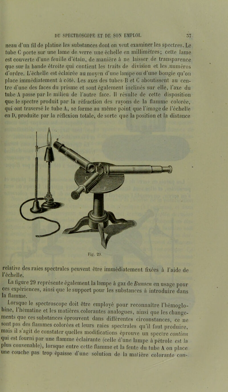 neau d’un fil de platine les substances dont on veut examiner les spectres. Le tube C porte sur une lame de verre une échelle en millimètres; cette lame est couverte d’une feuille d’étain, de manière à ne laisser de transparence que sur la bande étroite qui contient les traits de division et les ,numéros d’ordre. L’échelle est éclairée au moyen d’une lampe ou d’une bougie qu’on place immédiatement à côté. Les axes des tubes-B et C aboutissent au cen- tre d’une des faces du prisme et sont également inclinés sur elle, l’axe du tube A passe par le milieu de l’autre face. Il résulte de cette disposition que le spectre produit par la réfraction des rayons de la flamme colorée, qui ont traversé le tube A, se forme au môme point que l’image de l’échelle en D, produite par la réflexion totale, de sorte que la position et la distance Fig. 29. relative des raies spectrales peuvent être immédiatement fixées à l’aide de l’échelle. La figure 29 représente également la lampe à gaz de Bunsen en usage pour ces expériences, ainsique le support pour les substances à introduire dans la flamme. Lorsque le spectroscope doit être employé pour reconnaître l'hémoglo- bine, l’hématine et les matières colorantes analogues, ainsi que leschange- ments que ces substances éprouvent dans différentes circonstances, ce°ne sont pas des flammes colorées et leurs raies spectrales qu’il faut produire, mais il s’agit de constater quelles modifications éprouve un spectre continu qui est fourni par une flamme éclairante (celle d’une lampe à pétrole est Ja plus convenable), lorsque entre cette flamme et la fente du tube A on place une couche pas trop épaisse d’une solution de la matière colorante cou-