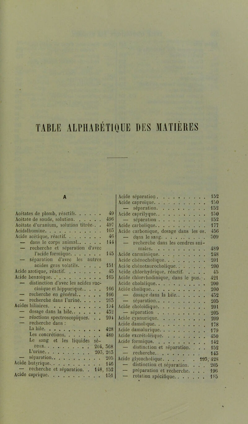 TABLE ALPHABETIQUE DES MATIERES A Acétates de plomb, réactifs 49 Acétate de soude, solution 496 Acétate d’uranium, solution titrée.. . 497 Acidalbumine 103 Acide acétique, réactif. 40 — dans le corps animal 144 — recherche et séparation d'avec l’acide formique 145 — séparation d’avec les autres acides gras volatils 151 Acide azotique, réactif 45 Acide benzoïque; 165 — distinction d’avec les acides suc- cinique et hippurique 166 — recherche en général.. .... 166 — recherche dans l’urine 263 Acides biliaires 194 — dosage dans la bile 452 — réactions spectroscopiques. . . 204 — recherche dans : La bile 428 Les concrétions 480 Le sang et les liquides sé- reux 264, 568 L’urine 203, 263 — séparation 205 Acide butyrique 146 — recherche et séparation. . 148, 152 Acide caprique 151 Acide séparation 152 Acide caproïque. . 150 — séparation 152 Acide caprilyque 150 — séparation 152 Acide carbolique 177 Acide carbonique, dosage dans les os. 456 — dqns le sang. . 509 — recherche dans les cendres ani- males 489 Acide carminique 248 Acide chénocholique 201 Aciile chénotaurocholique 200 Acide chlorhydrique, réactif. .... 45 Acide chlorrhodinique, dans le pus. . 421 Acide cholalique 200 Acide cholique 200 — dosage dans la bile 452 — séparation 205 Acide choloïdique 201 — séparation 205 Acide cyanurique 209 Acide damolique 178 Acide damalurique 179 Acide excrétoléiquc 450 Acide formique 142 — distinction et séparation. ... 152 — recherche 145 Acide glycocholique 195 , 428 — distinction et séparation. ... 205 — préparation et recherche. ... 196 — rotation spécifique 165