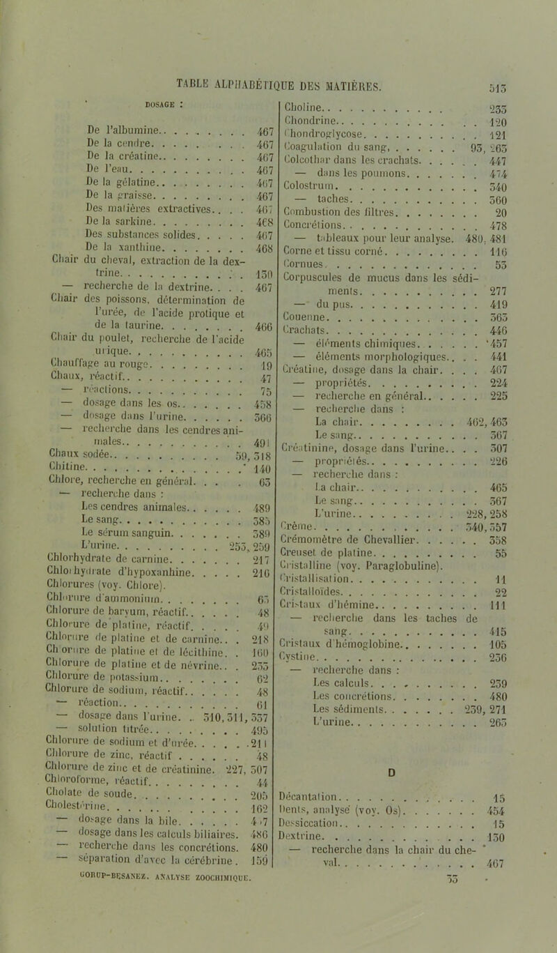 515 DOSAGE : De l’albumine 467 De la cendre 467 De la créatine 467 De l’eau 467 De la gélatine 467 De la graisse 467 Des matières extractives.. . . 407 De la sarkine 4CS Des substances solides 407 De la xanthine 468 Chair du cheval, extraction de la dex- Irine . 150 — recherche de la dextrine. . . . 467 Chair des poissons, détermination de l’urée, de l’acide protique et de la taurine 406 Chair du poulet, recherche de l'acide u'ique 465 Chauffage au rouge 19 Chaux, réactif. 47 — réactions 75 — dosage dans les os 458 — dosage dans l’urine 560 — recherche dans les cendres ani- males ’ 49i Chitine * 149 Chlore, recherche en général. . . .05 *— recherche dans : Les cendres animales 489 Le sang 585 Le sérum sanguin 589 L’urine 255,259 Chlorhydrate de carnine 217 Chloihydrate d’hypoxanhine 210 Chlorures (voy. Chlore). Chlorure d'ammonium 65 Chlorure de baryum, réactif 48 Chlorure deplaline, réactif 49 Chlorure de platine et de carnine.. . 218 Ch oriire de platine et de lécithine. . 100 Chlorure de platine et de névrine.. . 255 Chlorure de potassium 62 Chlorure de sodium, réactif 48 — réaction 61 dosage dans l'urine. .. 510,511,557 — solution titrée 495 Chlorure de sodium et d’urée .211 Chlorure de zinc, réactif 48 Chlorure de zinc et de créatinine. 227, 507 Chloroforme, réactif 44 Cholate de soude. 205 Cholestérine _ 490 — dosage dans la bile 4 >7 dosage dans les calculs biliaires. 480 recherche dans les concrétions. 480 séparation d’avec la cérébrine. 159 uoiujp-besanez. analyse zoociiimique. Cboline 255 Chondrine 420 ( hondroglycose 121 Coagulation du sang 95, 265 Colcothar dans les crachats 447 — dans les poumons 474 Colostrum 540 — taches 500 Combustion des filtres 20 Concrétions. 478 — tableaux pour leur analyse. 480, 481 Corne et tissu corné 110 Cornues 55 Corpuscules de mucus dans les sédi- ments 277 — du pus 419 Couenne 565 Crachats 440 — éléments chimiques *457 — éléments morphologiques.. . . 441 Créatine, dosage dans la chair. . . . 407 — propriétés 224 — recherche en général 225 — recherche dans : La chair 402,463 Le sang 507 Créatinine, dosage dans l’urine.. . . 507 — propriétés 226 — recherche dans : La chair 465 Le sang 567 L’urine 228,258 Crème 540,557 Crémomètre de Chevallier 358 Creuset de platine 55 Cristalline (voy. Paraglobuline). Cristallisation il Cristalloïdes 22 Cristaux d’hémine 111 — recherche dans les taches de sang. 415 Cristaux d'hémoglobine 105 Cystine 236 — recherche dans : Les calculs 239 Les concrétions 480 Les sédiments 259, 271 L’urine 265 D Décantalion 15 Dents, analysé (voy. Os) 454 Dessiccation 15 Dextrine 150 — recherche dans la chair du che- val 407 33