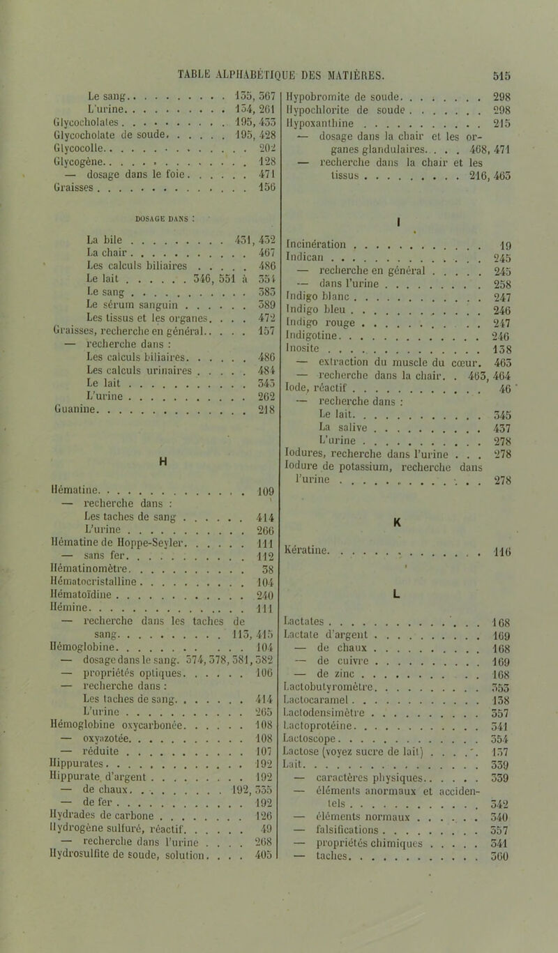 Le sang 155, 567 L'urine 154, 201 Glycocliolales 195, 455 Glyeocholate île soude, 195, 428 Glycocolle 202 Glycogène 128 — dosage dans le foie 471 Graisses 156 DOSAGE DANS : La bile 451, 452 La chair 467 Les calculs biliaires 486 Le lait 346, 551 à 554 Le sang 585 Le sérum sanguin 589 Les tissus et les organes. . . . 472 Graisses, recherche en général 157 — recherche dans : Les calculs biliaires 486 Les calculs urinaires 484 Le lait 345 L’urine 262 Guanine 218 H Uématine 109 — recherche dans : Les taches de sang 414 L’urine 266 Uématine de Hoppe-Seyler 111 — sans fer 112 Hémalinomètre 38 llématncristalline 104 Ilématoïdine 240 Hémine IM — recherche dans les taches de sang 115,415 Hémoglobine 104 — dosage dans le sang. 574,378,381,382 — propriétés optiques 106 — recherche dans : Les taches de sang 414 L’urine 265 Hémoglobine oxycarbonée 108 — oxynzotée 108 — réduite 107 Ilippurates 192 Hippurate, d’argent 192 — de chaux. . ■ 192,355 — de fer 192 Ilydrades de carbone 126 Hydrogène sulfuré, réactif 49 — recherche dans l’urine .... 268 llydrosulfite de soude, solution, . . . 405 Hypobromite de soude. ..;.... 298 llypochlorite de soude 298 Hypoxanthine 215 — dosage dans la chair et les or- ganes glandulaires. . . . 468,471 — recherche dans la chair et les tissus 216, 465 I Incinération 19 Indican 245 — recherche en général 245 — dans l’urine 258 Indigo blanc 247 Indigo bleu . . . . 246 Indigo rouge . , 247 Indigotine 246 Inosite 138 — extraction du muscle du cœur. 465 — recherche dans la chair. . 463, 464 Iode, réactif 40 ' — recherche dans : Le lait 545 La salive 437 L’urine 278 Iodures, recherche dans l’urine . . . 278 lodure de potassium, recherche dans l’urine . 278 K Kératine H6 I L Lactates 168 Lactate d’argent 109 — de chaux 168 — de cuivre 169 — de zinc 168 Lactobulyromôtrc 353 Lactocaramel 138 Lactodensimètre 357 Lactoprotéine 541 Lactoscope 354 Lactose (voyez sucre de lait) . . . .'. 157 Lait 559 — caractères physiques 339 — éléments anormaux et acciden- tels 342 — éléments normaux . . .... 340 — falsifications 557 — propriétés chimiques 541 — taches 560