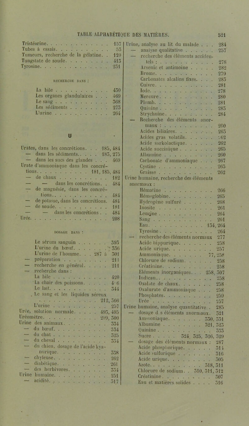 Tristéarine 157 Tubes à essais 55 Tumeurs, recherche de la gélatine. . 120 Tungstate de soude 413 Tyrosine 231 KECHEHCIIE DANS : La bile 450 Les organes glandulaires . . . 409 Le sang 308 Les sédiments 275 L’urine 204 U Urates, dans les concrétions. . . 185,484 — dans les sédiments 183, 275 — dans les sucs des glandes . . . 409 Urate d’ammoniaque dans les concré- tions 181,185,484 — de chaux 182 — — dans les concrétions. . 484 — de magnésie, dans les concré- tions • . 484 — de potasse, dans les concrétions. 484 — de soude 181 — — dans les concrétions. . 484 Urée 208 DOSAGE DANS : Le sérum sanguin 395 L’urine du bœuf '* 330 L’urine de l'homme. . . 287 à 301 — préparation 211 — recherche en général 211 — recherche dans : La bile 420 La chair des poissons 4 0 Le lait 344 . Le sang et les liquides séreux L’urine Urée, solution normale. . . . . 493,495 Uréomètre Urine des animaux — du bœuf — du chat — du cheval •— du chien, dosage de l’acide kya- nurique *— chyleuse — diabétique — des herbivores. . .... 334 Urine humaine — acidité Urine, analyse au lit du malade . . . 284 — analyse qualitative 257 — recherche des éléments acciden- tels : 278 Arsenic et antimoine 282 Brome 279 Carbonates alcalins fixes. . . . 285 Cuivre 281 Iode 278 Mercure 280 Plomb 281 Quinine * 285 Strychnine 284 — Recherche des éléments anor- maux : 2G0 Acides biliaires . 205 Acides gras volatils *.62 Acide sarkolactique 202 Acide suceinique 205 Albumine 200 Carbonate d’ammoniaque . . . 207 Cystine 205 Graisse 262 Urine humaine, recherche des éléments anormaux : Hématine 206 Hémoglobine 265 Hydrogène sulfuré 208 Inosite 201 Leuqjne 204 Sang ' 201 Eau 134,204 Tyrosine 204 — recherche des éléments normaux 277 Acide hippurique 258 Acide urique 257 Ammoniaque 77, 258 Chlorure de sodium 258 Créatinine 258 Eléments inorganiques. . . 258, 507 Indican 258 Oxaldte de chaux 258 Oxalurate d’ammoniaque . . . 258 Phosphates 259 Urée 257 Urine humaine, analyse quantitative . 285 — dosage d s éléments anormaux. 321 Ammoniaque 330, 551 Albumine 321,523 Quinine 555 Sucre 524. 325, 32G, 329 — dosage des éléments normaux : 287 Acide phospliorique 314 Acide sulfurique . 510 Acide urique. . 505 Azote.. ; . . 518,511 Chlorure de sodium. . 310,31*1,312 Ci’éatinine * . . . 307 Eau et matières solides .... 310