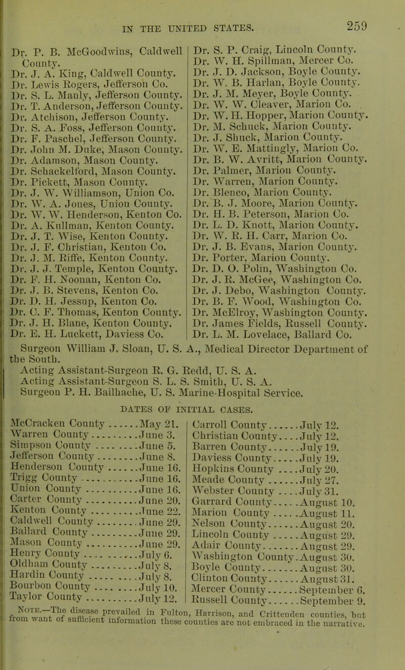 Dr. P. B, McGooclwius, Caldwell County. Dr. J. A. King, Caldwell County. Dr. Lewis Rogers, Jefferson Co. Dr. S. L. Manly, Jefferson County. Dr. T. Anderson, Jefferson County. Dr. Atchison, Jefferson County. Dr. S. A. Foss, Jefferson County. Dr. F. Paschel, Jefferson County. Dr. John M. Duke, Mason County. Dr. Adamson, Mason County. Dr. Schackeltbrd, Mason County. Dr. Pickett, Mason County. Dr. J. W. Williamson, Union Co. Dr. W. A. Jones, Union County. Dr. W. W. Henderson, Kenton Co. Dr. A. Kullman, Kenton County. Dr. J. T. Wise, Kenton County. Dr. J. F. Christian, Kenton Co. Dr. J. M. Riffe, Kenton County. Dr. J. J. Temple, Kenton County. Dr. F. H. Noonan, Kenton Co. Dr. J. B. Stevens, Kenton Co. Dr. D. H. Jessup, Kenton Co. Dr. C. F. Thomas, Kenton County. Dr. J. H. Blane, Kenton County. Dr. E. H. Luckett, Daviess Co. Dr. S. P. Craig, Lincoln County. Dr. W. H. Spillman, Mercer Co. Dr. J. D. Jackson, Boyle County. Dr. W. B. Harlan, Boyle County. Dr. J. M. Meyer, Boyle County. Dr. W. W. Cleaver, Marion Co. Dr. W. H. Hopper, Marion County. Dr. M. Scliuck, Marion County. Dr. J. Shuck, Marion County. Dr. W. E. Mattingly, Marion Co. Dr. B. W. Avritt, Marion County. Dr. Palmer, Marion County. Dr. Warren, Marion County. Dr. Blenco, Marion County. Dr. B. J. Moore, Marion County. Dr. H. B. Peterson, Marion Co. Dr. L. D. Knott, Marion County. Dr. W. R. H. Carr, Marion Co. Dr. J. B. Evans, Marion County. Dr. Porter, Marion County. Dr. D. O. Polin, Washington Co. Dr. J. R. McGee, Washington Co. Dr. J. Debo, Washington County. Dr. B. F. Wood, Washington Co. Dr. McElroy, Washington County. Dr. James Fields, Russell County. Dr. L. M. Lovelace, Ballard Co. Surgeon William J, Sloan, U. S. A., Medical Director Department of the South. Acting Assistant-Surgeon R. G. Redd, U. S. A. Acting Assistant-Surgeon S. L. S. Smith, U. S. A. Surgeon P. H. Bailhache, U. S. Marine-Hospital Service. DATES OF INITIAL CASES. McCracken County IMay 21. Warren County June 3. Simpson County June 5. Jefferson County June 8. Henderson County June 16. Trigg County June 16. Union County June 16. Carter County June 20. Kenton County Tune 22. Caldwell County June 29. Ballard County June 29. 3Iason County June 29. Henry County July 6. Oldham County July 8. Hardin County July 8. Bourbon County Julv 10 Taylor County July 12.’ Carroll County July 12. Christian County July 12. Barren County July 19. Dayiess County July 19. Hopkins County July 20. Meade County July 27. W'ebster County July 31. Garrard County August 10. Marion County August 11. Nelson County August 20. Lincoln County August 29. Adair County August 29. Washington County.August 30. Boyle County August 30. Clinton County August 31. Mercer County. September 6. Russell County September 9. fhsease prevailed iu Fulton, Harrison, and Crittenden counties, but from vant of sufbcient information these counties are not embraced in the narrative.