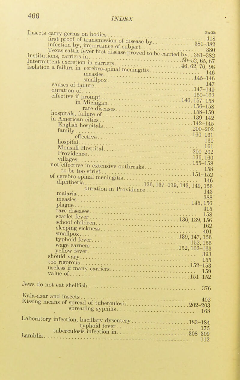 INDEX Insects carry germs on bodies. . PAQB first proof of transmission of'disease by.'oS1 infection by importance of subject. Ill Institutive^ mVe1'firSt diSGaSe Pr°Ved t0 be -ned by.'.Mi Jg Intermittent excretion in carriers w«~«2, 65, 67 isolation a failure in cerebrospinal meningitis' ' 76\?S measles Jg smallpox 145-146 causes of failure 147 duration of.. . 147-149 effective if prompt..'.\ .n • }®2~lQ2 in Michigan..:!146' }%r}% . . rare diseases ™ * hospitals, failure of. . i on i, in American cities ;,142 j^>^.:.:::::::::::::::;::::::::::::jg2g effective.'.'..'160i^ hospital... lb0 Monsall Hospital.'.'..' [ [ [ [ [ [ . [ \ \ \ [ [ ] \ \ \ ]200-^0^ Providence fir fii villages not effective in extensive outbreaks' '.if a to be too strict i^i_i?o of cerebro-spinal meningitis \°J. diphtheria ... 136,'137-139,'143 ' 149 156 . duration in Providence .. iM> i4tf, 15b malaria ™ measles •• *° plague :..::: • \^ rare diseases ft^ scarlet fever .'lift'ion its schoolchildren 136,139,156 sleeping sickness i£f smallpox iQQ'iiv iV« typhoid fever . 139> 166 wage earners iw im'im yeUow fever 152'162^ should vary too rigorous \ ] [ iw im useless if many carriers... Ten valueof .•::::::::::::::{:::::i5i-ii Jews do not eat shellfish 376 Kala-azar and insects 4n9 Kissing means of spread of tuberculosis.'.'.'.'.'.'.'.'.'.'.'202-203 spreading syphilis 168 Laboratory infection, bacillary dysentery 183-184 typhoid fever ^5 Lamblia. tuberculosis infe°tion in '.308-309