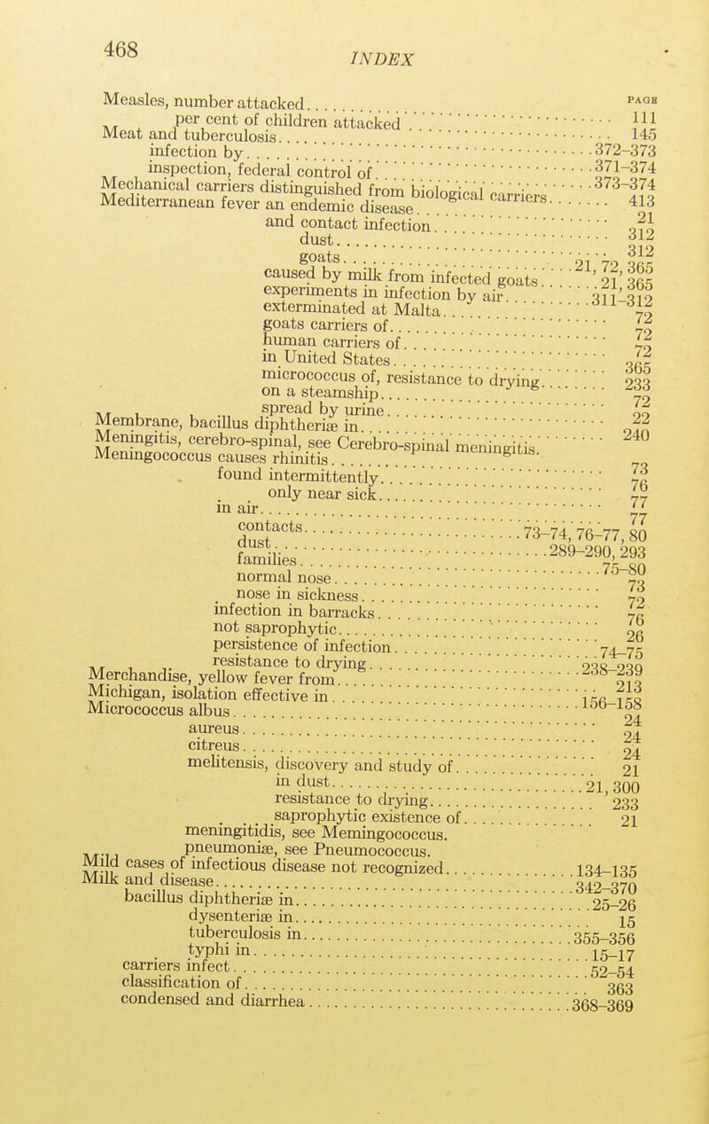 INDEX Measles, number attacked PAQH at Pf'cent of children attacked'.'.}\\ Meat anr t.nhmvulnai'a 145