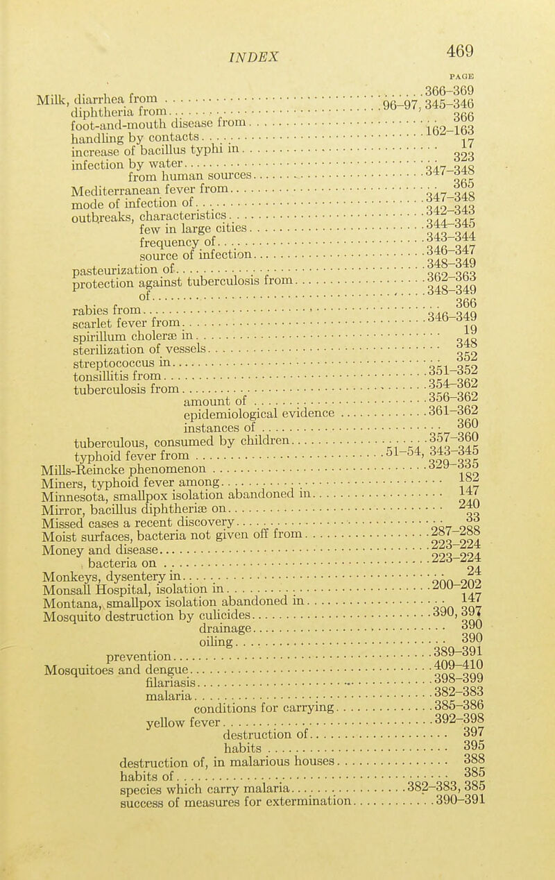PAGE „™ , , „ 366-369 Milk, diarrhea from ■ • g gy 345_346 diphtheria from • ' ofi(. foot-and-mouth disease from • • ■ handhng by contacts. . . roo increase of bacillus typhi in ^ infection by water qa.7^aq from human sources Mediterranean fever from oiyJuQ mode of infection of w-W outbreaks, characteristics few in large cities qltJS frequency of &f source of infection slipuq pasteurization of y v vsro-qi^ protection against tuberculosis from 348-349 of 366 rabies from i vR oaq scarlet fever from d4b 6J? spirillum choleras in jx sterilization of vessels streptococcus in • • tonsillitis from qrlJfi? tuberculosis from ocp qro amount of ooo epidemiological evidence 361-362 instances of ••J™ tuberculous, consumed by children 357 3bU typhoid fever from 51-54, 343-345 Mills-Reincke phenomenon 189 Miners, typhoid fever among • ■ jo- Minnesota, smallpox isolation abandoned in Mirror, bacillus diphtheria? on ^ Missed cases a recent discovery. oiv oa« Moist surfaces, bacteria not given off from ooLwd Money and disease not HI . bacteria on 116 zfj Monkeys, dysentery in om J, Monsall Hospital, isolation in fti Montana, smallpox isolation abandoned m • • 14/ Mosquito destruction by culicides 3yu, dy< drainage oihng 390 prevention 389-391 Mosquitoes and dengue *Xo ™ filariasis 398-399 malaria f™ conditions for carrying <5»o-doo yellow fever ^2^8 destruction of 397 habits 395 destruction of, in malarious houses 388 habits of • • • • • 385 species which carry malaria 382-383, 385 success of measures for extermination 390-391