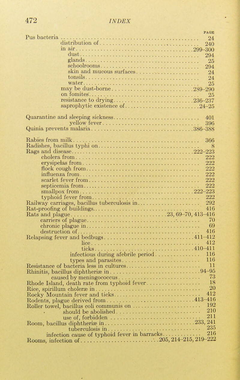 PAGE Pus bacteria 24 distribution of 240 in air ' .299-300 dust 294 glands 25 schoolrooms 294 skin and mucous surfaces 24 tonsils 24 water 25 may be dust-borne 239-290 on fomites' 25 resistance to drying 236-237 saprophytic existence of 24-25 Quarantine and sleeping sickness 401 yellow fever 396 Quinia prevents malaria 386-388 Rabies from milk. . . 366 Radishes, bacillus typhi on 8 Rags and disease 222-223 cholera from 222 erysipelas from 222 flock cough from 222 influenza from 222 scarlet fever from 222 septicemia from 222 smallpox from 222-223 typhoid fever from 222 Railway carriages, bacillus tuberculosis in 292 Rat-proofing of buildings 416 Rats and plague 23, 69-70, 413-416 carriers of plague • 70 chronic plague in 69 destruction of 416 Relapsing fever and bedbugs 411-412 lice 412 ticks 410-411 infectious during afebrile period 116 types and parasites 116 Resistance of bacteria less in cultures 11 Rhinitis, bacillus diphtheria? in 94-95 caused by meningococcus 73 Rhode Island, death rate from typhoid fever 18 Rice, spirillum cholera? in 20 Rocky Mountain fever and ticks 412 Rodents, plague derived from 413-416 Roller towel, bacillus coli communis on 192 should be abolished 210 use of, forbidden 211 Room, bacillus diphtheria? in 233, 241 tuberculosis in 235 infection cause of typhoid fever in barracks 216 Rooms, infection of 205,214-215, 219-222
