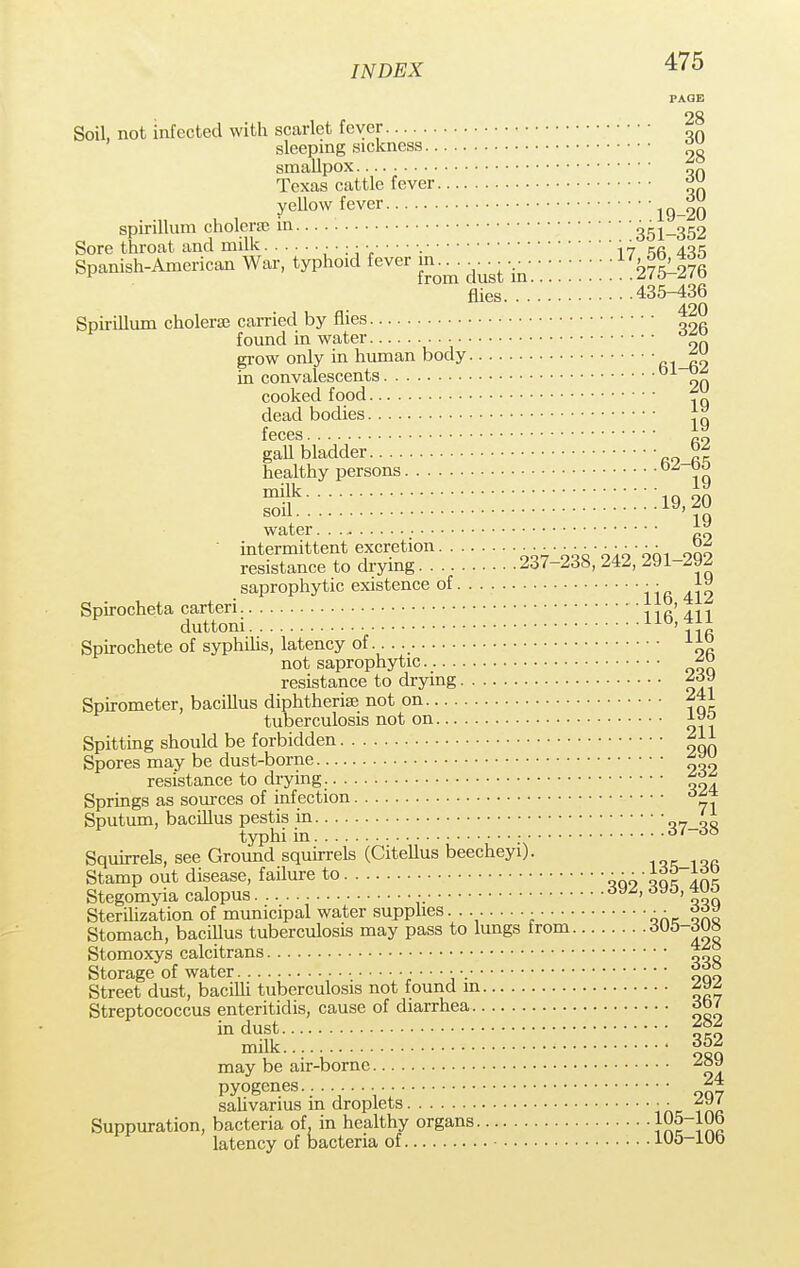 PAGE 28 Soil, not infected with scarlet fever „ sleeping sickness smallpox „n Texas cattle fever *J yellow fever ig_gj spirillum cholera} in..... ■ ■ ■ 35^352 Sore throat and milk •17 435 Spanish-American War, typhoid fever m „ • • • 17^«g flies 435-436 Spirillum cholera carried by flies ^20 found in water grow only in human body fii_62 iu convalescents 01 ~_ cooked food dead bodies jg fCCGS.»••••• co gaU bladder j2 healthy persons DZ ™ rnilV 1» ™lk:::::::::: 19,20 water intermittent excretion „„.'„„„•„,„■ oqi-292 resistance to drying 2,37-^38, 2Al, JJL tvt saprophytic existence of • • 1J Spirocheta carteri ..., duttoni 11R Spirochete of syphilis, latency of.. ^ not saprophytic resistance to drying Spirometer, bacillus diphtheria; not on tuberculosis not on j-™ Spitting should be forbidden ^ Spores may be dust-borne resistance to drying. y£f Springs as sources of infection 6Z? Sputum, bacillus pestis in ' typhi in 37d8 Squirrels, see Ground squirrels (CiteUus beecheyi). Stamp out disease, failure to • • ■ • £° ^2 Stegomyia calopus • dy^> 6yc,> ™> Sterilization of municipal water supphes. . • ■ Stomach, bacillus tuberculosis may pass to lungs from lo« Stomoxys calcitrans Storage of water • oo9 Street dust, bacilli tuberculosis not found m ^ Streptococcus enteritidis, cause of diarrhea obt in dust 282 milk 352 may be air-borne pyogenes.......... sahvarius m droplets • ■ Suppuration, bacteria of. in healthy organs 105-lUb latency of bacteria of IUo-IUo