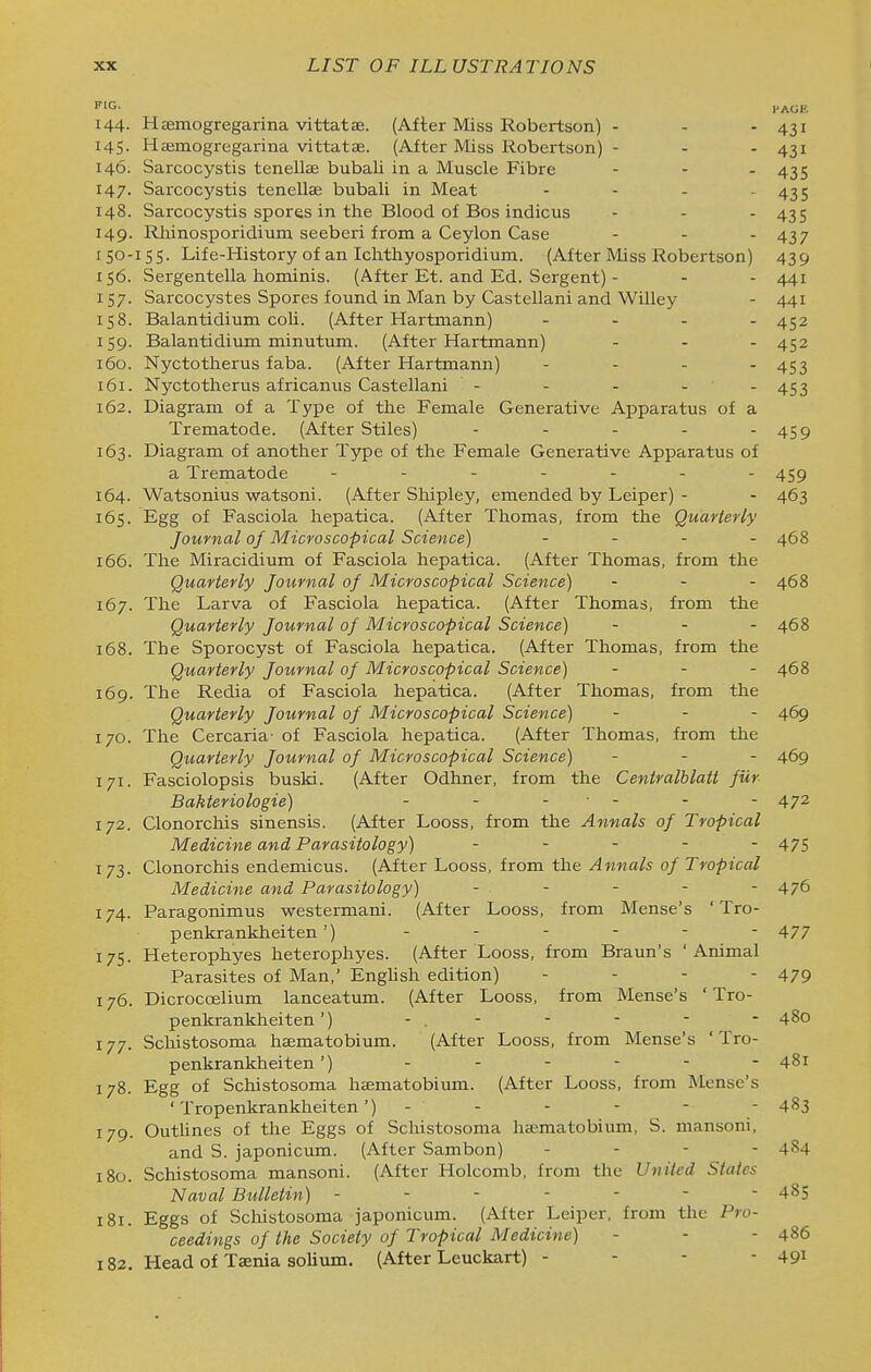 144. Haemogregarina vittatae. (After Miss Robertson) - - - 431 145. Haemogregarina vittatae. (After Miss Robertson) - - - 431 146. Sarcocystis tenellae bubali in a Muscle Fibre - - - 435 147. Sarcocystis tenellae bubali in Meat - - - - 435 148. Sarcocystis spores in the Blood of Bos indicus ... 435 149. Rhinosporidium seeberi from a Ceylon Case ... 437 150-155. Life-History of an Ichthyosporidium. (After Miss Robertson) 439 156. Sergentella hominis. (After Et. and Ed. Sergent) - - - 441 157. Sarcocj'stes Spores found in Man by Castellani and Willey - 441 158. Balantidium coli. (After Hartmann) - . . . 452 159. Balantidium minutum. (After Hartmann) ... 452 160. Nyctotherus faba. (After Hartmann) .... 453 161. Nyctotherus africanus Castellani - . - . -453 162. Diagram of a Type of the Female Generative Apparatus of a Trematode. (After Stiles) - - - - - 459 163. Diagram of another Type of the Female Generative Apparatus of a Trematode 45^ 164. Watsonius watsoni. (After Shipley, emended by Leiper) - - 463 165. Egg of Fasciola hepatica. (After Thomas, from the Quarterly Journal of Microscopical Science) .... 468 166. The Miracidium of Fasciola hepatica. (After Thomas, from the Quarterly Journal of Microscopical Science) ... 468 167. The Larva of Fasciola hepatica. (After Thomas, from the Quarterly Journal of Microscopical Science) ... 453 168. The Sporocyst of Fasciola hepatica. (After Thomas, from the Quarterly Journal of Microscopical Science) ... 468 169. The Redia of Fasciola hepatica. (After Thomas, from the Quarterly Journal of Microscopical Science) ... 465 170. The Cercaria-of Fasciola hepatica. (After Thomas, from the Quarterly Journal of Microscopical Science) . - . 469 171. Fasciolopsis buski. (After Odhner, from the Centralhlatt fur Bakteriologie) - - - ■ - - - 47^ 172. Clonorchis sinensis. (After Looss, from the Annals of Tropical Medicine and Parasitology) . . . . . 475 I 73. Clonorchis endemicus. (After Looss, from the Annals of Tropical Medicine and Parasitology) . . . - . 476 174. Paragonimus westermani. (After Looss, from Mense's ' Tro- penkrankheiten') ...... 477 175. Heterophyes heterophyes. (After Looss, from Braun's 'Animal Parasites of Man,' EngUsh edition) .... 479 176. Dicrocoelium lanceatum. (After Looss, from Mense's ' Tro- penkrankheiten') - , - - - - - 48o 177. Schistosoma haematobium. (After Looss, from Mense's ' Tro- penkrankheiten') - - - - - - 481 178. Egg of Schistosoma haematobium. (After Looss, from Mense's ' Tropenkrankheiten') - - - - - - 483 179. OutUnes of the Eggs of Schistosoma ha;matobium, S. mansoni, and S. japonicum. (After Sambon) . . - - 4S4 180. Schistosoma mansoni. (After Holcomb, from the United States Naval Bulletin) ------- 485 181. Eggs of Schistosoma japonicum. (After Leiper, from the Pro- ceedings of the Society of Tropical Medicine) - - - 486 182. Head of Taenia solium. (After Leuckart) - - - - 49^