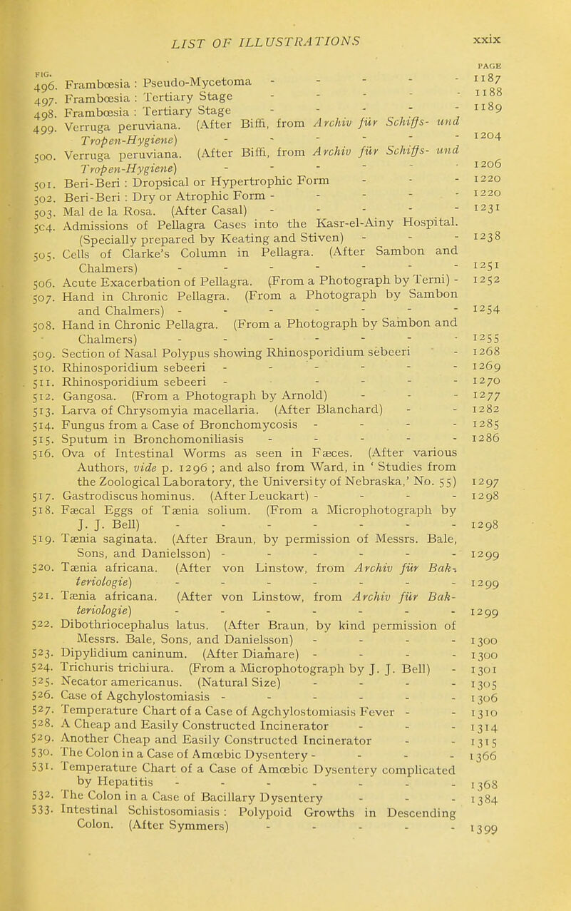 496. Framboesia : Pseudo-Mycetoma - - - - ' 00 497. Framboesia : Tertiary Stage - - -  ' « 498. Framboesia : Tertiary Stage - - ' - SP 499. Verruga peruviana. (After Biffi, from Archiv fur Scfnffs- und Trop en-Hygiene) 500. Verruga peruviana. (After Biffi, from Archiv filr Schiffs- und Trop en-Hygiene) 501. Beri-Beri : Dropsical or Hypertrophic Form - - - 1220 502. Beri-Beri : Dry or Atrophic Form - - - - ' 1220 503. Mai de la Rosa. (After Casal) ----- 1231 504. Admissions of Pellagra Cases into the Kasr-el-Ainy Hospital. (Specially prepared by Keating and Stiven) - - - 1238 505. Cells of Clarke's Column in PeUagra. (After Sambon and Chalmers) - - - - -  - 1251 506. Acute Exacerbation of Pellagra. (From a Photograph by Terni) - 1252 507. Hand in Chronic Pellagra. (From a Photograph by Sambon and Chalmers) ------- 1254 508. Hand in Chronic Pellagra. (From a Photograph by Sambon and Chalmers) - - - - -  I255 509. Section of Nasal Polypus showing Rhinosporidium sebeeri - 1268 510. Rhinosporidium sebeeri - - - - - -1269 511. Rhinosporidium sebeeri - - - - -1270 512. Gangosa. (From a Photograph by Arnold) - - - 1277 513. Larva of Chrysomyia macellaria. (After Blanchard) - - 1282 514. Fungus from a Case of Bronchomycosis - - . - - 1285 515. Sputum in BronchomoniUasis - - - - -1286 516. Ova of Intestinal Worms as seen in Faeces. (After various Authors, vide p. 1296 ; and also from Ward, in ' Studies from the Zoological Laboratory, the University of Nebraska,' No. 55) 1297 517. Gastrodiscus hominus. (After Leuckart) - - - - 1298 518. Faecal Eggs of Taenia solium. (From a Microphotograph by J. J. Bell) - - - - - - - 1298 519. Taenia saginata. (After Braun, by permission of Messrs. Bale, Sons, and Danielsson) - - - - - -1299 520. Taenia africana. (After von Linstow, from Archiv fur Bak-. teriologie) - - - - - - -1299 521. Taenia africana. (After von Linstow, from Archiv fiir Bak- teriologie) - - - - - - -1299 522. Dibothriocephalus latus. (After Braun, by kind permission of Messrs. Bale, Sons, and Danielsson) - - - - 1300 523. Dipylidium caninum. (After Diamare) - - - - 1300 524. Trichuris trichiura. (From a Microphotograph by J. J. Bell) - 1301 525. Necator americanus. (Natural Size) - - - . j^yj 526. Case of Agchylostomiasis ------ 1306 527. Temperature Chart of a Case of Agchylostomiasis Fever - - 1310 528. A Cheap and Easily Constructed Incinerator - . . 1314 529- Another Cheap and Easily Constructed Incinerator - - 13^5 530- The Colon in a Case of Amoebic Dysentery - - - - 1366 531- Temperature Chart of a Case of Amoebic Dysentery complicated by Hepatitis - - - - - . - 1368 532. The Colon in a Case of Bacillary Dysentery - - - 1384 533- Intestinal Schistosomiasis: Polypoid Growths in Descending Colon. (After Symmers) - - - - - 1399