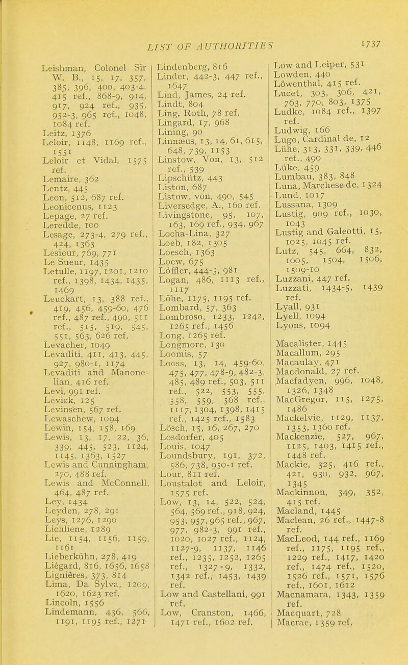 Lcishman, Colonel Sir W. B., IS, 17, 357, 38.5. 396. 400, 403-4. 415 ref., 868-9, 914. 917, 924 ref., 935, 952-3. 965 ref., 1048, 1084 ref. Leitz, 1376 Leloir, 1148, 1169 ref., 1551 Leloir et Vidal, 157S ref. Lemaire, 362 Lentz, 445 Leon, 513, 687 ref. Leonicenus, 1123 Lepage, 27 ref. Leredde, 100 Lesage, 273-4, 279 ref., 424, 1363 Lesieur, 769, 771 Le Sueur, 143 5 Letulle, 1197, 1201, 1210 ref., 1398, 1434. 1435. 1469 Leuckart, 13, 388 ref., 419, 456, 459-60, 476 ref., 487 ref., 490, 511 ref., 515, S19. 545. 551, 563, 626 ref. Levacher, 1049 Levaditi, 411, 413, 445, 927, 980-1, 1174 Levaditi aiid Manone- lian, 416 ref. Levi, 991 ref. Lcvick, 125 Levinsen, 567 ref. Lewaschew, 1094 Lewin, 154, 158, 169 Lewis, 13, 17, 22, 36, 339. 445. 523. 1124. 45. 1363. 1527 Lewis and Cunningham, 270, 488 ref. Lewis and McConnell, 464, 487 ref. Ley, 1434 Leyden, 278, 291 Leys, 1276, 1290 Licliliene, 1289 Lie, 1154, 1156, 1159, 1161 Lieberkiihn, 278, 419 Liegard, 816, 1656, 1658 LigniSres, 373, 814 Lima, Da Sylva, 1209, 1620, 1623 ref. Lincoln, 1556 Lindemann, 436, 566, 1191, 1195 ref., 1271 Lindcnberg, 816 Lindcr, 442-3, 447 ref., 1647 Lind, James, 24 ref. Lindt, 804 Ling, Roth, 78 ref. Lingard, 17, 968 Lining, 90 Linnffius, 13, 14, 61, 615, 648, 739. 1153 Linstow, Von, 13, 512 ref.. 539 Lipschiitz, 443 Liston, 687 Listow, von, 490, 545 Liversedge, A., 160 ref. Livingstone, 95, 107, 163, 169 ref., 934. 967 Locha-Lina, 327 Loeb, 182, 1305 Loesch, 1363 Loew,675 Lofaer, 444-5. 981 Logan, 486, 1113 ref., 1117 Lohe, 117s, 119s ref. Lombard, 57, 363 Lombroso, 1233, 1242, 1265 ref., 1456 Long, 1265 ref. Longmore, 130 Loomis, 57 Looss, 13, 14. 459-60, 475. 477. 478-9. 482-3, 485, 489 ref., 503, 511 ref., 522, 553, 555, 558, 559. 568 ref., 1117,1304, 1398, 1415 ref., 1425 ref., 1583 Losch, 15, 16, 267, 270 Losdorfer, 405 Louis, 1047 Loundsbury, 191, 372, 586, 738, 950-1 ref. Lour, 811 ref. Loustalot and Leloir, 157s ref. Low, 13, 14, 522, 524, 564, 569 ref., 918, 924, 953, 957.965 ref., 967, 977. 982-3, 991 ref.. 1020, 1027 ref., 1124, 1127-9, 1137, 1146 ref., 123s, 1252, 1265 ref., 1327-9, 1332. 1342 ref., 1453. 1439 ref. Low and Castellani, 991 j ref. Low, Cranston, 1466, 1 1471 ref., 1602 ref. I Low and Leiper, 531 Lowden, 44o Lowenthal, 415 ref. Lucet, 303, 306, 421, 763, 770, 803, 1375 Ludke, 1084 ref., I397 ref. Ludwig, 166 Lugo, Cardinal de, 12 Liihe, 313. 331- 339, 446 ref., 490 Liike, 459 Lumbau, 383, 848 Luna, Marchese de, 1324 Lund, 1017 Lussana, 1309 Lustig, 909 ref., 1030, 1043 Lustig and Galeotti, 15, 1025, 1045 ref. Lutz, 545, 664, 832, 1005, 1504, 1506, 1509-10 Luzzani, 447 ref. Luzzati, 1434-S. H39 ref. Lyall, 931 Lyell, 1094 Lyons, 1094 Macalister, I445 Macallum, 295 Macaulay, 471 Macdonald, 27 ref. .Macfadyen, 996, 1048, 1326,1348 MacGregor, 115, 1275, i486 Mackelvie, 1129, 1137, 1353, 1360 ref. Mackenzie, 527, 967. 1125, 1403, 1415 ref., 1448 ref. Mackie, 325. 4i6 ref., 421, 930, 932, 967, 1345 Mackinnon, 349, 352, 41 5 ref. Macland, 144 5 Maclean, 26 ref., 1447-8 ref. MacLeod, 144 ref., 1169 ref., 1175, 119s ref., 1229 ref., 1417, 1420 ref., 1474 ref., 1520, 1526 ref., 1571, 1576 ref., 1601, 1612 Macnamara, 1343, 1359 ref. Macquart, 728 Macrae, i 359 ref.