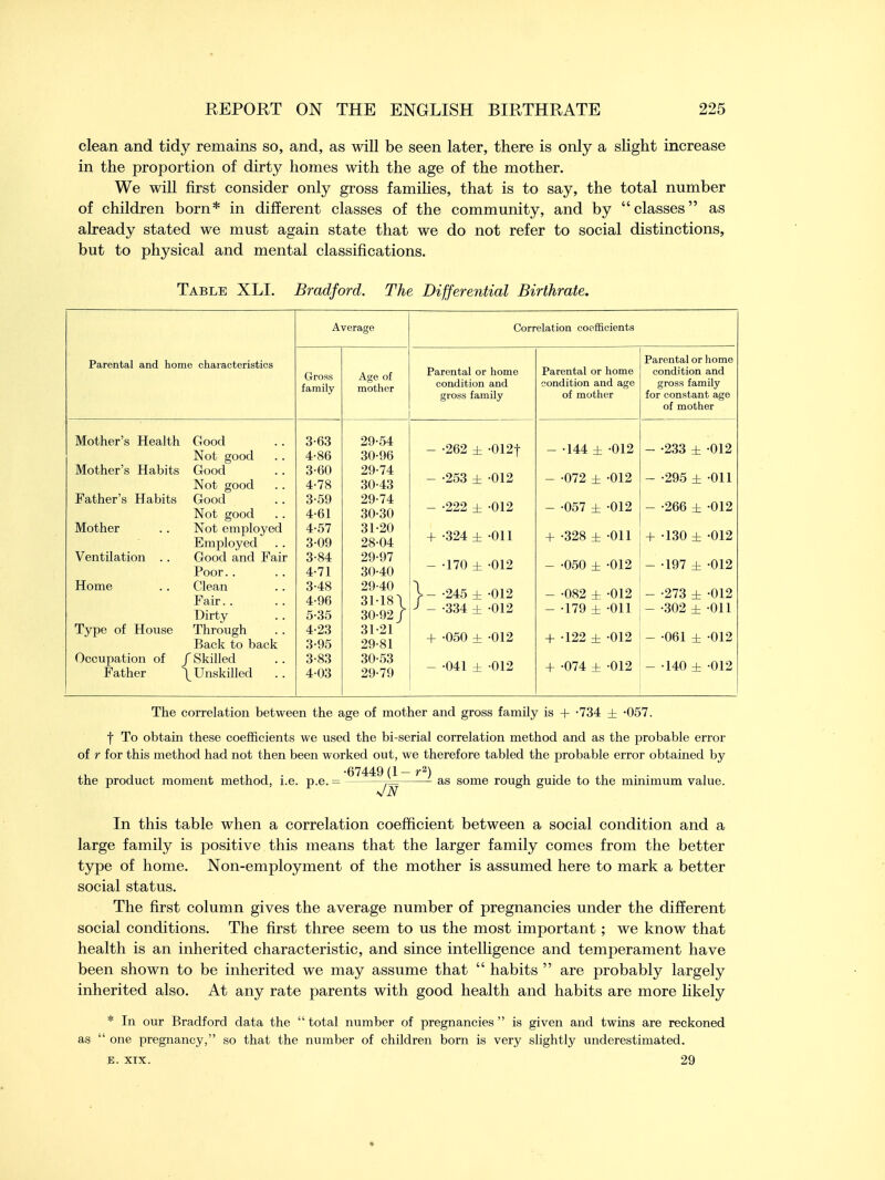 clean and tidy remains so, and, as will be seen later, there is only a slight increase in the proportion of dirty homes with the age of the mother. We will first consider only gross families, that is to say, the total number of children born* in different classes of the community, and by classes as already stated we must again state that we do not refer to social distinctions, but to physical and mental classifications. Table XLI. Bradford. The Differential Birthrate. Parental and home characteristics Mother's Health Mother's Habits Father's Habits Mother Ventilation .. Home Type of House Occupation of Father Good Not good Good Not good Good Not good Not employed Employed Good and Fair Poor.. Clean Fair Dirty Through Back to back /Skilled \ Unskilled . . Average Gross family 3- 63 4- 86 3- 60 4- 78 3- 59 4- 61 4-57 3-09 3- 84 4- 71 3- 48 4- 96 5- 35 4-23 3-95 3- 83 4- 03 Age of mother 29- 54 30- 96 29- 74 30- 43 29- 74 30- 30 31- 20 28- 04 29- 97 30- 40 29-40 31 30 31- 21 29- 81 30- 53 29-79 181 92 J Correlation coefficients Parental or home condition and gross family + •262 ± •253 ± •222 ± •324 ± •170 ± •245 ± •334 ± •050 ± •041 ± 012f 012 012 011 012 012 012 012 012 Parental or home condition and age of mother - -144 ± -012 - -072 ± -012 - -057 ± -012 + -328 ± -011 - -050 ± -012 - -082 ± -012 - -179 ± -011 + -122 ± -012 + -074 ± -012 Parental or home condition and gross family for constant age of mother - -233 ± -012 - -295 ± -Oil | - -266 ± -012 + -130 ± -012 - -197 ± -012 - -273 ± -012 - -302 ± -011 - -061 ± -012 - -140 ± -012 The correlation between the age of mother and gross family is + -734 ± -057. f To obtain these coefficients we used the bi-serial correlation method and as the probable error of r for this method had not then been worked out, we therefore tabled the probable error obtained by the product moment method, i.e. p.e. = •67449 (1 - r2) Jn as some rough guide to the minimum value. In this table when a correlation coefficient between a social condition and a large family is positive this means that the larger family comes from the better type of home. Non-employment of the mother is assumed here to mark a better social status. The first column gives the average number of pregnancies under the different social conditions. The first three seem to us the most important ; we know that health is an inherited characteristic, and since intelligence and temperament have been shown to be inherited we may assume that  habits  are probably largely inherited also. At any rate parents with good health and habits are more likely * In our Bradford data the  total number of pregnancies  is given and twins are reckoned as  one pregnancy, so that the number of children born is very slightly underestimated. e. xix. 29