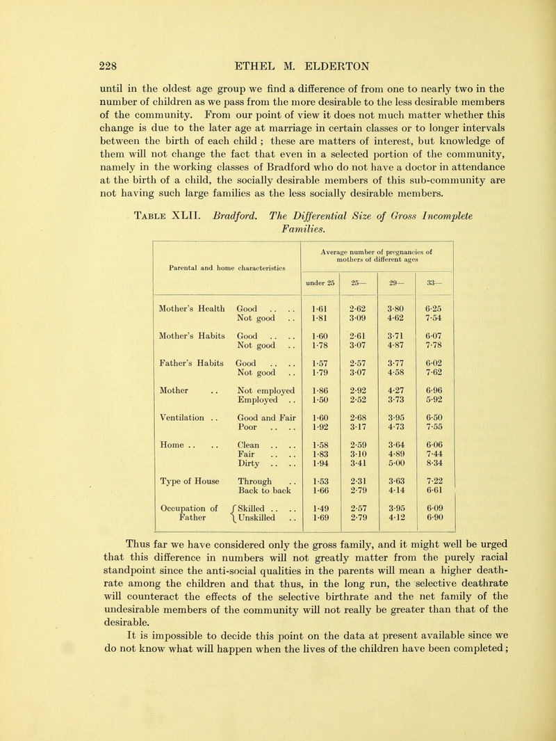 until in the oldest age group we find a difference of from one to nearly two in the number of children as we pass from the more desirable to the less desirable members of the community. From our point of view it does not much matter whether this change is due to the later age at marriage in certain classes or to longer intervals between the birth of each child ; these are matters of interest, but knowledge of them will not change the fact that even in a selected portion of the community, namely in the working classes of Bradford who do not have a doctor in attendance at the birth of a child, the socially desirable members of this sub-community are not having such large families as the less socially desirable members. Table XLII. Bradford. The Differential Size of Gross Incomplete Families. Parental and home characteristics Average number of pregnancies of mothers of different ages under 25 25— 29— 33— Mother's Health Good 1*61 2-62 3-80 6-25 Not good 1-81 3-09 4-62 7-54 Mother's Habits Good 1-60 2-61 3-71 6-07 Not good 1-78 3-07 4-87 7-78 Father's Habits Good 1-57 2-57 3-77 6-02 Not good 1-79 3-07 4-58 7-62 Mother Not employed 1-86 2-92 4-27 6-96 Employed 1-50 2-52 3-73 5-92 Ventilation .. Good and Fair 1-60 2-68 3-95 6-50 Poor 1-92 3-17 4-73 7-55 Home Clean 1-58 2-59 3-64 6-06 Fair .. 1-83 3-10 4-89 7-44 Dirty .. 1-94 3-41 5-00 8-34 Type of House Through 1-53 2-31 3-63 7-22 Back to back 1-66 2-79 4-14 6-61 Occupation of /Skilled .. .. 1-49 2-57 3-95 6-09 Father \ Unskilled .. 1-69 2-79 412 6-90 Thus far we have considered only the gross family, and it might well be urged that this difference in numbers will not greatly matter from the purely racial standpoint since the anti-social qualities in the parents will mean a higher death- rate among the children and that thus, in the long run, the selective deathrate will counteract the effects of the selective birthrate and the net family of the undesirable members of the community will not really be greater than that of the desirable. It is impossible to decide this point on the data at present available since we do not know what will happen when the lives of the children have been completed;