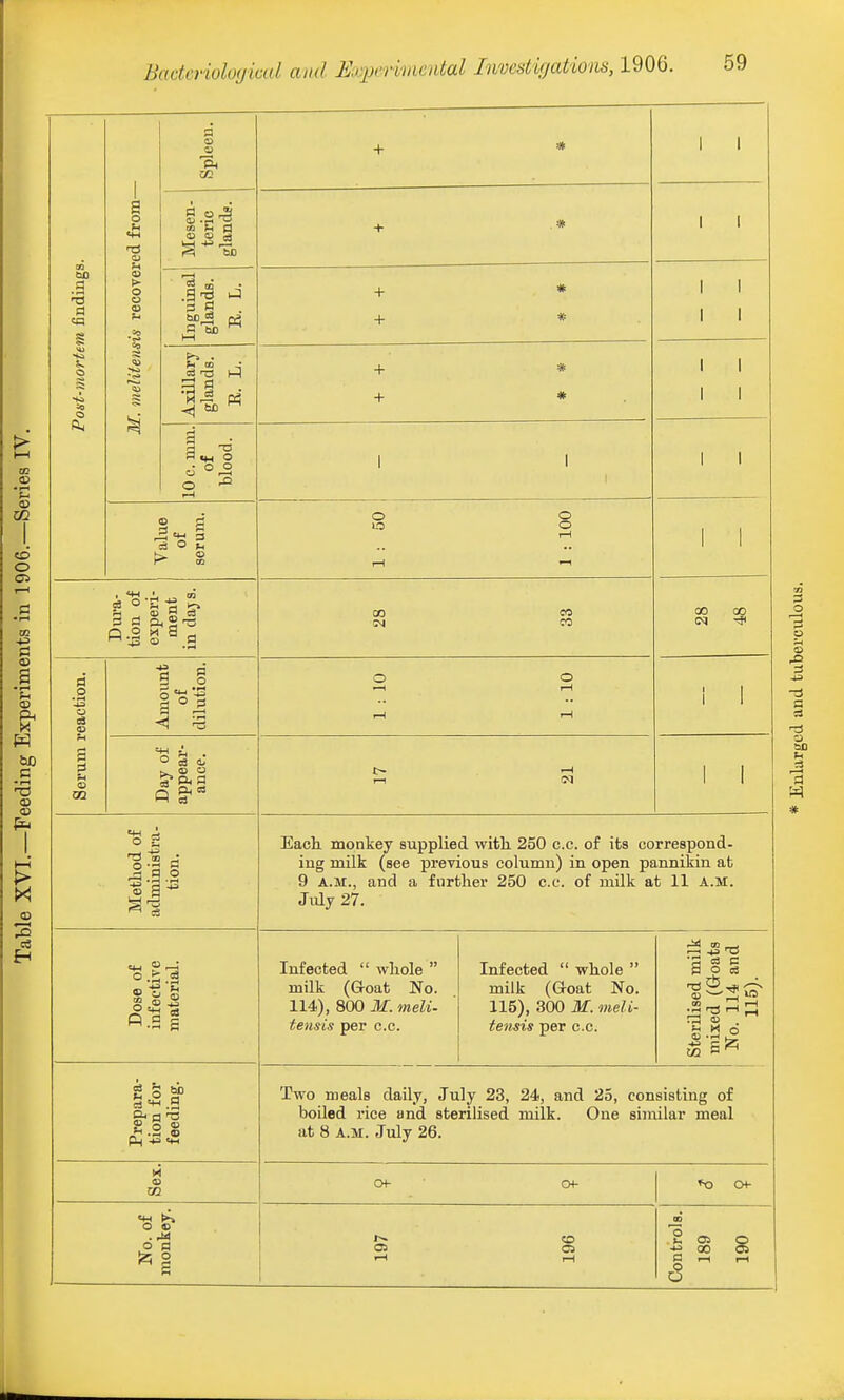 60 .a a 5- O a o u s § § 3 oi P3 CD • ^ 60 ^ O ^^ <L g c3 !^ 8 o I .1 11 !4H i ° 03 a: h. c o ^1 o ^ ^ 0.2 S & a '3 £.2 g P4 -t^ <4-< H to O « o a 2 + + + + * o o o CO CO CO I I I I I I 00 00 ;3 o a o -a Each, monkey supplied witli 250 c.e. of its correspond- ing milk (see previous column) in open pannikin at 9 A.M., and a further 250 c.c. of milk at 11 a.m. July 27. Infected  whole  milk (Goat No. 114), 800 M. ineli- tensis per c.c. Infected  whole  milk (Groat No. 115), 300 M. meli- tensis per c.c. f—I 43 ■3 s s P O es 55 2 o Two meals daily, July 23, 24, and 25, consisting of boiled rice and sterilised milk. One similar meal at 8 A.M. July 26. GM- »0 04- CO ■w 00 26 B I—I rH
