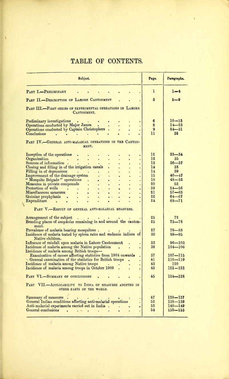 1 TABLE OF CONTENTS. Subject. Pabt I.—Preliminary . Part II.—Description op Lahore Cantonment Part III.—First series op experimental operations in Lahore Cantonment. Preliminary investigations • . • . . . Operations conducted by Major James . Operations conducted by Captain Christophers . Conclusions ... ...... Part IV.—General anti-malarial operations in the Canton- ment. Inception of the operations Organization .... Sources of information .... Closing and filling in of the irrigation canals Filling in of depressions . . . . Improvement of the drainage system  Mosquito Brigade  operations Measures in private compounds Protection of wells Miscellaneous measures Quinine prophylaxis • Expenditure , Part V.—Kesult of general anti-malarial measures. Arrangement of the subject ..... . . Breeding places of anopheles remaining in and around the canton- ment. Prevalence of malaria bearing mosquitoes . Incidence of malaria tested by spleen rates and endemic indices of Native children. Influence of rainfall upon malaria in Lahore Cantonment Incidence of malaria among the Native population . . . Incidence of malaria among British troops— Examination of causes affecting statistics from 1904 onwards General examination of the statistics for British troops . Incidence of malaria among Native troops .... Incidence of malaria among troops in October 1909 Part VI.—Summary op conclusions . Part VII.—Applicability to India op measures adopted in OTHER PARTS OP THE WORLD. Summary of measures ........ General Indian conditions affecting anti-malarial operations Anti-malarial experiments carried out in India .... General conclusions , . - . . . . Page. 1 3 6 8 9 11 12 12 IS 14 14 15 18 20 20 21 22 24 25 25 27 30 33 36 37 41 43 43 45 47 52 52 54 Paragraph!, 1-4 5—9 10—13 14r-23 24—31 32 38—34 35 36—37 38 39 40—47 48—52 53 54—56 57—63 64—67 68—71 72 73—78 79—88 89—95 96—103 104—106 107—115 116—119 120 121—123 124—128 129—137 138—139 140—149 150—153