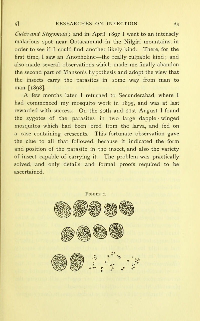 Culex and Stegomyia; and in April 1897 I went to an intensely malarious spot near Ootacamund in the Nilgiri mountains, in order to see if I could find another likely kind. There, for the first time, I saw an Anopheline—the really culpable kind ; and also made several observations which made me finally abandon the second part of Manson's hypothesis and adopt the view that the insects carry the parasites in some way from man to man [1898]. A few months later I returned to Secunderabad, where I had commenced my mosquito work in 1895, and was at last rewarded with success. On the 20th and 21st August I found the zygotes of the parasites in two large dapple - winged mosquitos which had been bred from the larva, and fed on a case containing crescents. This fortunate observation gave the clue to all that followed, because it indicated the form and position of the parasite in the insect, and also the variety of insect capable of carrying it. The problem was practically solved, and only details and formal proofs required to be ascertained. Figure i.