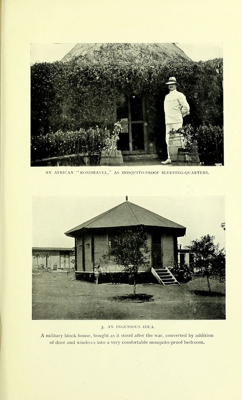 AN AFRICAN  RONDHAVEL, AS MOSQUITO-PROOF SLEEPING-QUARTERS. 3. AN INGENIOUS IDEA. A military block house, bought as it stood after the war, converted by addition of door and windows into a very comfortable mosquito-proof bedroom.