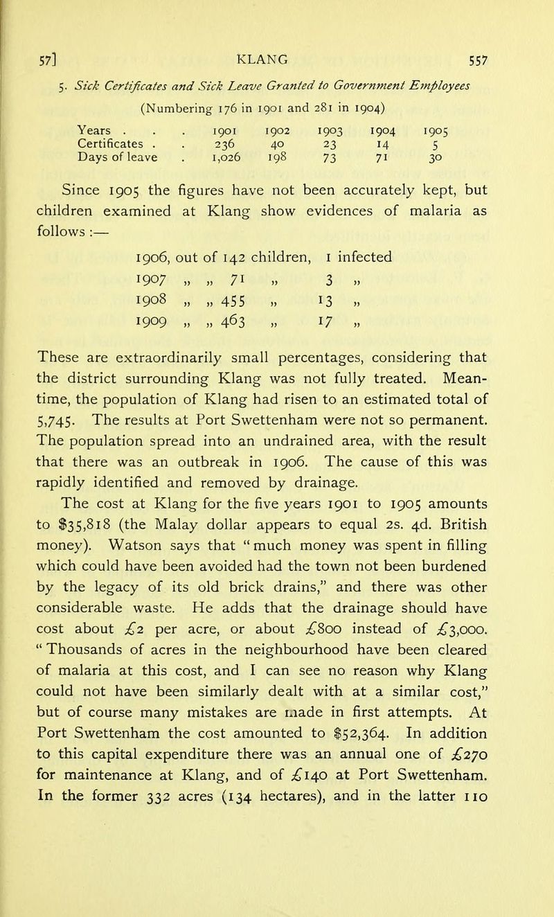 5. Sick Certificates and Sick Leave Granted to Government Employees (Numbering 176 in 1901 and 281 in 1904) Years . . . 1901 1902 1903 1904 1905 Certificates . . 236 40 23 14 5 Days of leave . 1,026 198 73 71 30 Since 1905 the figures have not been accurately kept, but children examined at Klang show evidences of malaria as follows :— 1906, out of 142 children, 1 infected 1907 » » 71 » 3 1908 » .. 455 » 13 1909 ,» » 463 » 17 These are extraordinarily small percentages, considering that the district surrounding Klang was not fully treated. Mean- time, the population of Klang had risen to an estimated total of 5,745. The results at Port Swettenham were not so permanent. The population spread into an undrained area, with the result that there was an outbreak in 1906. The cause of this was rapidly identified and removed by drainage. The cost at Klang for the five years 1901 to 1905 amounts to $35,818 (the Malay dollar appears to equal 2s. 4d. British money). Watson says that  much money was spent in filling which could have been avoided had the town not been burdened by the legacy of its old brick drains, and there was other considerable waste. He adds that the drainage should have cost about £2 per acre, or about .£800 instead of £3,000.  Thousands of acres in the neighbourhood have been cleared of malaria at this cost, and I can see no reason why Klang could not have been similarly dealt with at a similar cost, but of course many mistakes are made in first attempts. At Port Swettenham the cost amounted to $52,364. In addition to this capital expenditure there was an annual one of £270 for maintenance at Klang, and of £140 at Port Swettenham. In the former 332 acres (134 hectares), and in the latter 110