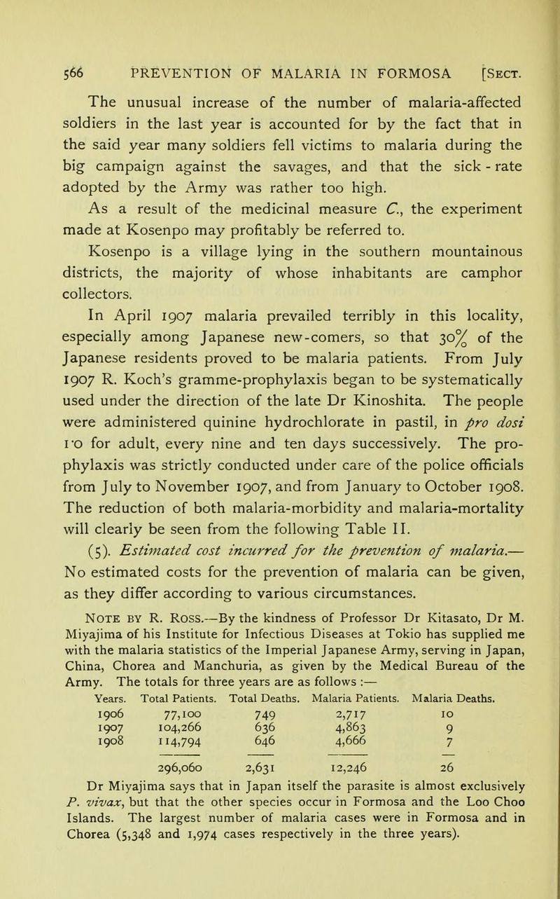 The unusual increase of the number of malaria-affected soldiers in the last year is accounted for by the fact that in the said year many soldiers fell victims to malaria during the big campaign against the savages, and that the sick - rate adopted by the Army was rather too high. As a result of the medicinal measure C, the experiment made at Kosenpo may profitably be referred to. Kosenpo is a village lying in the southern mountainous districts, the majority of whose inhabitants are camphor collectors. In April 1907 malaria prevailed terribly in this locality, especially among Japanese new-comers, so that 30% of the Japanese residents proved to be malaria patients. From July 1907 R. Koch's gramme-prophylaxis began to be systematically used under the direction of the late Dr Kinoshita. The people were administered quinine hydrochlorate in pastil, in pro dosi ro for adult, every nine and ten days successively. The pro- phylaxis was strictly conducted under care of the police officials from July to November 1907, and from January to October 1908. The reduction of both malaria-morbidity and malaria-mortality will clearly be seen from the following Table II. (5). Estimated cost incurred for the prevention of malaria.— No estimated costs for the prevention of malaria can be given, as they differ according to various circumstances. NOTE by R. ROSS.—By the kindness of Professor Dr Kitasato, Dr M. Miyajima of his Institute for Infectious Diseases at Tokio has supplied me with the malaria statistics of the Imperial Japanese Army, serving in Japan, China, Chorea and Manchuria, as given by the Medical Bureau of the Army. The totals for three years are as follows :— Years. Total Patients. Total Deaths. Malaria Patients. Malaria Deaths. 1906 1907 1908 77,100 104,266 114,794 749 636 646 2,717 4,863 4,666 296,060 2,631 12,246 Dr Miyajima says that in Japan itself the parasite is almost exclusively P. vivax, but that the other species occur in Formosa and the Loo Choo Islands. The largest number of malaria cases were in Formosa and in Chorea (5,348 and 1,974 cases respectively in the three years).