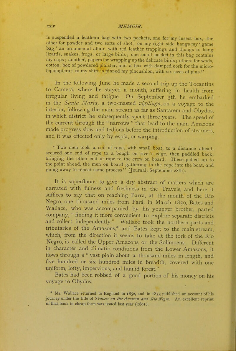is suspended a leathern bag with two pockets, one for my insect box, the other for powder and two sorts of shot; on my right side hangs my ' game bag,' an ornamental affair, with red leather trappings and thongs to hang lizards, snakes, frogs, or large birds ; one small pocket in this bag contains my caps ; another, papers for wrapping up the delicate birds ; others for wads, cotton, box of powdered plaister, and a box with damped cork for the micro- lepidoptera ; to my shirt is pinned my pincushion, with six sizes of pins. In the following June he made a second trip up the Tocantins to Cameta, where he stayed a month, suffering in health from irregular living and fatigue. On September 5 th he embarked in the Santa Maria, a two-masted vigilinga, on a voyage to the interior, following the main stream as far as Santarem and Obydos, in which district he subsequently spent three years. The speed of the current through the  narrows  that lead to the main Amazons made progress slow and tedious before the introduction of steamers, and it was effected only by espia, or warping.  Two men took a coil of rope, with small boat, to a distance ahead, secured one end of rope to a bough on river's edge, then paddled back, bringing the other end of rope to the crew on board. These pulled up to the point ahead, the men on board gathering in the rope into the boat, and going away to repeat same process  (Journal, September 28th). It is superfluous to give a dry abstract of matters which are narrated with fulness and freshness in the Travels, and here it suffices to say that on reaching Barra, at the mouth of the Rio Negro, one thousand miles from Para, in March 1850, Bates and Wallace, who was accompanied by his younger brother, parted company,  finding it more convenient to explore separate districts and collect independently. Wallace took the northern parts and tributaries of the Amazons,* and Bates kept to the main stream, which, from the direction it seems to take at the fork of the Rio Negro, is called the Upper Amazons or the Solimoens. Different in character and climatic conditions from the Lower Amazons, it flows through a  vast plain about a thousand miles in length, and five hundred or six hundred miles in breadth, covered with one uniform, lofty, impervious, and humid forest. Bates had been robbed of a good portion of his money on his voyage to Obydos. * Mr. Wallace returned to England in 1852, and in 1853 published an account of his journey under the title of Travels on the Amazon and Rio Negro. An excellent reprint of that book in cheap form was issutd last year (1891).