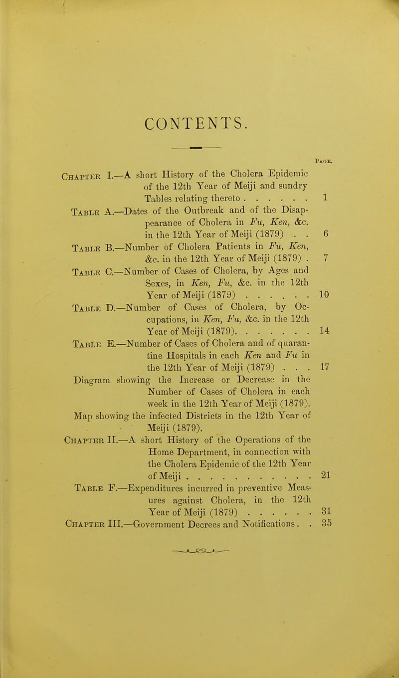 CONTENTS. Page, Chapter I.—A short History of the Cholera Epidemic of the 12th Year of Meiji and sundry- Tables relating thereto 1 Table A—Dates of the Outbreak and of the Disap- pearance of Cholera in Fu, Ken, &c. in the 12th Year of Meiji (1879) . . 6 Table B,—Number of Cholera Patients in Fu, Ken, &c. in the 12th Year of Meiji (1879) . 7 Table C—Number of Cases of Cholera, by Ages and Sexes, in Ken, Fu, &c. in the 12th Year of Meiji (1879) ...... 10 Table D.—Number of Cases of Cholera, by Oc- cupations, in Ken, Fu, &c. in the 12th Year of Meiji (1879) 14 Table E.—Number of Cases of Cholera and of quaran- tine Hospitals in each Ken and Fu in the 12th Year of Meiji (1879) ... 17 Diagram showing the Increase or Decrease in the Number of Cases of Cholera in each week in the 12th Year of Meiji (1879). Map showing the infected Districts in the 12th Year of Meiji (1879). Chapter II.—A short History of the Operations of the Home Department, in connection with the Cholera Epidemic of the 12th Year of Meiji . 21 Table F.—Expenditures incurred in preventive Meas- ures against Cholera, in the 12th Year of Meiji (1879) 31 Chapter III.—Government Decrees and Notifications. . 35