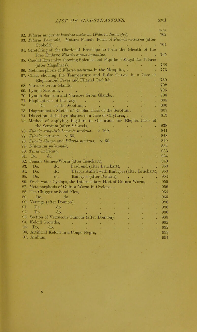 PAGE 62. Filaria sanguinis hominis noctitma (Filaria Bancrofti), . . 762 63. Filaria Bancrofti. Mature Female Form of Filaria nochorna (after Cobbold), 764 04. Stretcliing of the Chorioiial Envelope to form the Sheath of the Free Embryo Filaria corvus torquatus, .... 765 65. Caudal Extremity, showing Spicules and Papilteof Magalhaes Filaria (after Magalhaes), ....... 768 66. Metamorphosis of Filaria nocturna in the Mosquito, . . . 773 67. Chart showing the Temperature and Pulse Curves in a Case of Eleijhantoid Fever and Filarial Orchitis,.... '780 68. Varicose Groin Glands, ... . . 792 69. Lymph Scrotum, . . . . • . .795 70. Lymph Scrotum and Varicose Groin Glands,.... 796 71. Elephantiasis of the Legs, ...... 805 72. Do. of the Scrotum, ...... 806 73. Diagi-ammatic Sketch of Elephantiasis of the Scrotum, . . 807 74. Dissection of the Lymphatics in a Case of Chyluria, . . . 813 75. Method of applying Ligature in Operation for Elephantiasis of the Scrotum (after M'Leod), . . . . .838 76. Filaria sanguinis hominis perstans. x 160, .... 841 77. Filaria nocturna. x 60, . . . . • . 848 78. Filaria diurna and Filaria perstans. x 60, . . . . 849 79. Distomum imlmonale, ....... 854 80. Tinea imbricata, ....... 933 81. Do. do. ....... 934 82. Female Guinea-Worm (after Leuckart), .... 949 83. Do. do. head end (after Leuckart), . . . 950 84. Do. do. Uterus stuffed with Embryos (after Leuckart), 950 85. Do. do. Embryos (after Bastian), . . . 954 86. Fresli-water Cyclops, the Intermediary Host of Guinea-Worm, . 955 87. Metamorphosis of Guinea-Worm in Cyclops, .... 956 88. The Chigger or Sand-Flea, . . . . . .964 89. Do. do. .... . . 965 90. Verruga (after Dounon), ...... 986 91. Do. do. ...... 986 92. Do. do. ...... . 986 93. Section of Verrucous Tumour (after Dounon), . . . 988 94. Keloid Growths, . . . . . . .992 95. Do. do. ....... 992 96. Artificial Keloid in a Congo Negro, ..... 993 97. Ainhum, . . . . . . .994