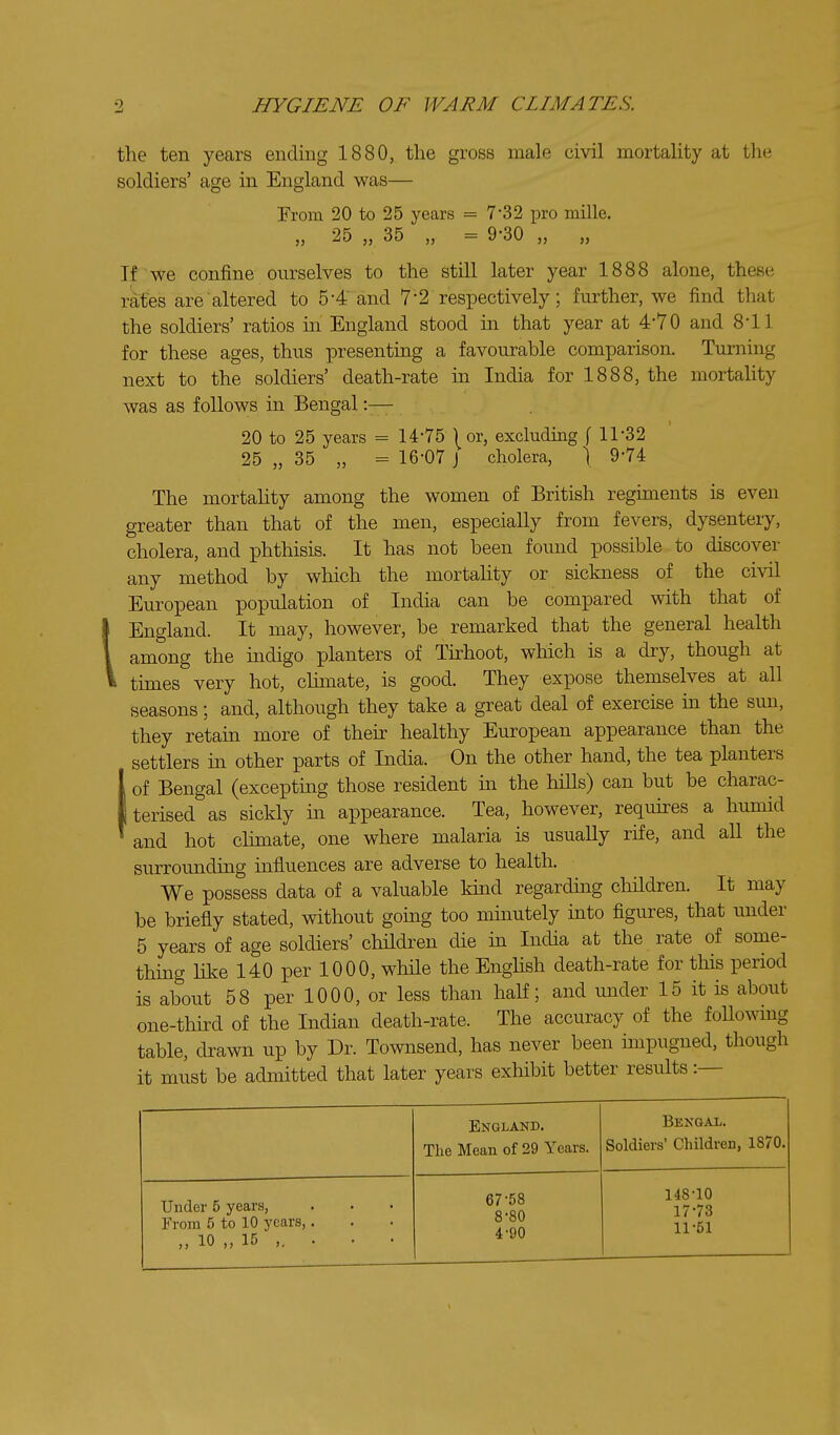 the ten years endmg 1880, the gross male civil mortality at the soldiers' age in England was— From 20 to 25 years = 7*32 pro mille. ,, 25 ,, 35 „ = 9'30 ,, J, If we confine ourselves to the still later year 1888 alone, these rdtes are altered to 5-4'and 7*2 respectively; further, we find that the soldiers' ratios in England stood m that year at 4-70 and 811 for these ages, thus presenting a favourable comparison. Turning next to the soldiers' death-rate in India for 1888, the mortality was as follows in Bengal :— 20 to 25 years = 14*75 or, excluding f 11-32 25 „ 35 „ = 16-07 J cholera, ) 9-74 The mortahty among the women of British regiments is even greater than that of the men, especially from fevers, dysentery, cholera, and phthisis. It has not been found possible to discover any method by which the mortality or sickness of the civil European population of India can be compared with that of I England. It may, however, be remarked that the general health I among the indigo planters of Tirhoot, which is a dry, though at « times very hot, clunate, is good. They expose themselves at all seasons; and, although they take a great deal of exercise in the sun, they retain more of their healthy European appearance than the settlers in other parts of India. On the other hand, the tea planters of Bengal (excepting those resident m the hills) can but be charac- Iterised as sickly in appearance. Tea, however, requires a humid and hot chmate, one where malaria is usually rife, and all the surrounding influences are adverse to health. We possess data of a valuable kind regarding children. It may be briefly stated, without going too miimtely into figures, that under 5 years of age soldiers' children die in India at the rate of some- thing like 140 per 1000, while the Enghsh death-rate for this period is about 58 per 1000, or less than half; and under 15 it is about one-third of the Indian death-rate. The accuracy of the following table, drawn up by Dr. Townsend, has never been mipugned, though it must be admitted that later years exhibit better results:— England. The Mean of 29 Years. Bengal. Soldiers' Children, 1870. Under 5 years, From 5 to 10 years,. 10 15 . 67-58 8-80 4-90 148-10 17-73 11-51