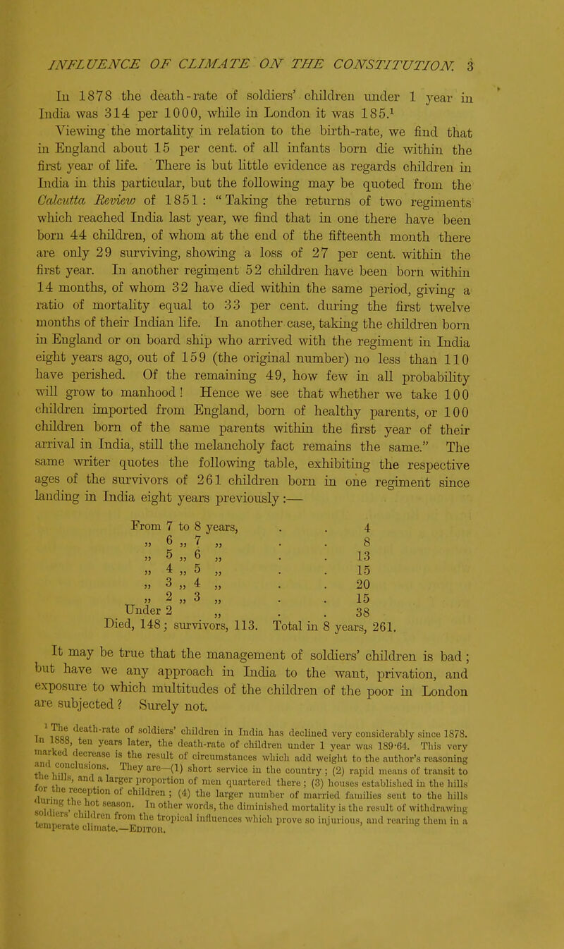 lu 1878 the death-rate of soldiers' children under 1 year in India was 314 per 1000, while in London it was 185.^ Viewing the mortahty in relation to the birth-rate, we find that in England about 15 per cent, of all infants born die within the first year of Kfe. There is but little evidence as regards children in India in this particular, but the followmg may be quoted from the Calcutta Review of 1851: Taking the returns of two regiments which reached India last year, we find that in one there have been born 44 children, of whom at the end of the fifteenth month there are only 29 surviving, showing a loss of 27 per cent, within the first year. In another regiment 52 children have been born within 14 months, of whom 32 have died within the same period, giving a ratio of mortahty equal to 33 per cent, during the first twelve months of their Indian hfe. In another case, taking the children born in England or on board ship who arrived with the regiment in India eight years ago, out of 15 9 (the original number) no less than 110 have perished. Of the remaining 49, how few in all probabihty will grow to manhood! Hence we see that whether we take 100 cliildren imported from England, born of healthy parents, or 100 children born of the same parents witliin the first year of their arrival in India, still the melancholy fact remains the same. The same writer quotes the followmg table, exhibiting the respective ages of the survivors of 261 children born in one regiment since landing in India eight years previously:— From 7 to 8 years, 6 „ 7 5 „ 6 4 „ 5 3 „ 4 2 3 Under 2 4 8 13 15 20 15 38 Died, 148; survivors, 113. Total in 8 years, 261. It may be true that the management of soldiers' children is bad; but have we any approach in India to the want, privation, and exposure to which multitudes of the children of the poor in London are subjected ? Surely not. T \'^a death-rate of soldiers' children in India has declined very considerably since 1878. i , , ^^^ death-rate of chHdreu under 1 year was 189-64. This very marked decrease is the result of circumstances which add weight to the author's reasoning ana conclusions. Tliey are-(l) short service in the country ; (2) rapid means of transit to xne mils, and a larger proportion of men quartered there ; (3) liouses established in the hills lor ine reception of children ; (4) the larger number of married families sent to the hills sohli^ - 1 •^'^ diminished mortality is the result of withdrawing cliildren from the tropical influences which prove so injurious, and rearing them in a temperate climate.—Editou.