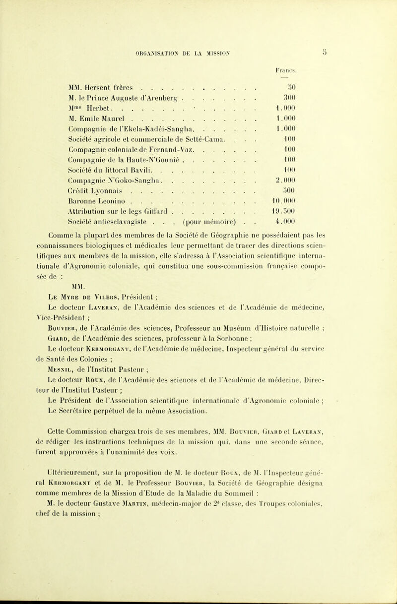 Francs. M3I. Hersent frères 50 M. le Prince Auguste d'Arenberg 300 3lrae Herbet • 1.000 M. Emile Maurel 1.000 Compagnie de l'Ekela-Kadéi-Sanglia 1.000 Société agricole et commerciale de Setté-Cama. . . . 100 Compagnie coloniale de Fernand-Vaz 100 Compagnie de la llaute-N'Gounié 100 Société du littoral Bavili 100 Compagnie N'Goko-Sangha 2.000 Crédit Lyonnais oOO Baronne Leonino 10.000 Attribution sur le legs Giirard 19.500 Société antiesclavagiste . . . (pour mémoire) . . 4.000 Comme la plupart des membres de la Société de Géographie ne possédaient pas les connaissances biologiques et médicales leur permettant de tracer des directions scien- tifiques aux membres de la mission, elle s'adressa à l'Association scientifique interna- tionale d'Agronomie coloniale, qui constitua une sous-commission IVanraise compo- sée de : 31 M. Le Myre de Vileus, Président ; Le docteur Lavehax, de l'Académie des sciences et de l'Académie de médecine, Vice-Président ; Bouvier, de l'Académie des sciences, Professeur au Muséum d'Histoire naturelle ; GiARD, de l'Académie des sciences, professeur à la Sorbonne ; Le docteur Kermorgaxt, de l'Académie de médecine, Inspecteur général du service de Santé des Colonies ; Mesml, de l'Institut Pasteur ; Le docteur Roux, de l'Académie des sciences et de l'Académie de médecine, Direc- teur de rinstilut Pasteur ; Le Président de l'Association scientifique internationale d'Agronomie coloniale ; Le Secrétaire perpétuel de la même Association. Cette Commission chargea trois de ses membres, MM. Bouvier, (jiARoel Laverax, de rédiger les instructions techniques de la mission qui, dans une seconde séance, furent approuvées à l'unanimité des voix. Ultérieurement, sur la proposition de M. le docteur Boux, de M. l'Inspecteur géné- ral Krr.morcant et de M. le Professeur Bouvier, la Société de Géographie désigna comme membres de la Mission d'Etude de la Maladie du Sommeil : M. le docteur Gustave Martin, médecin-major de 2^ classe, des Troupes coloniales, chef de la mission ;