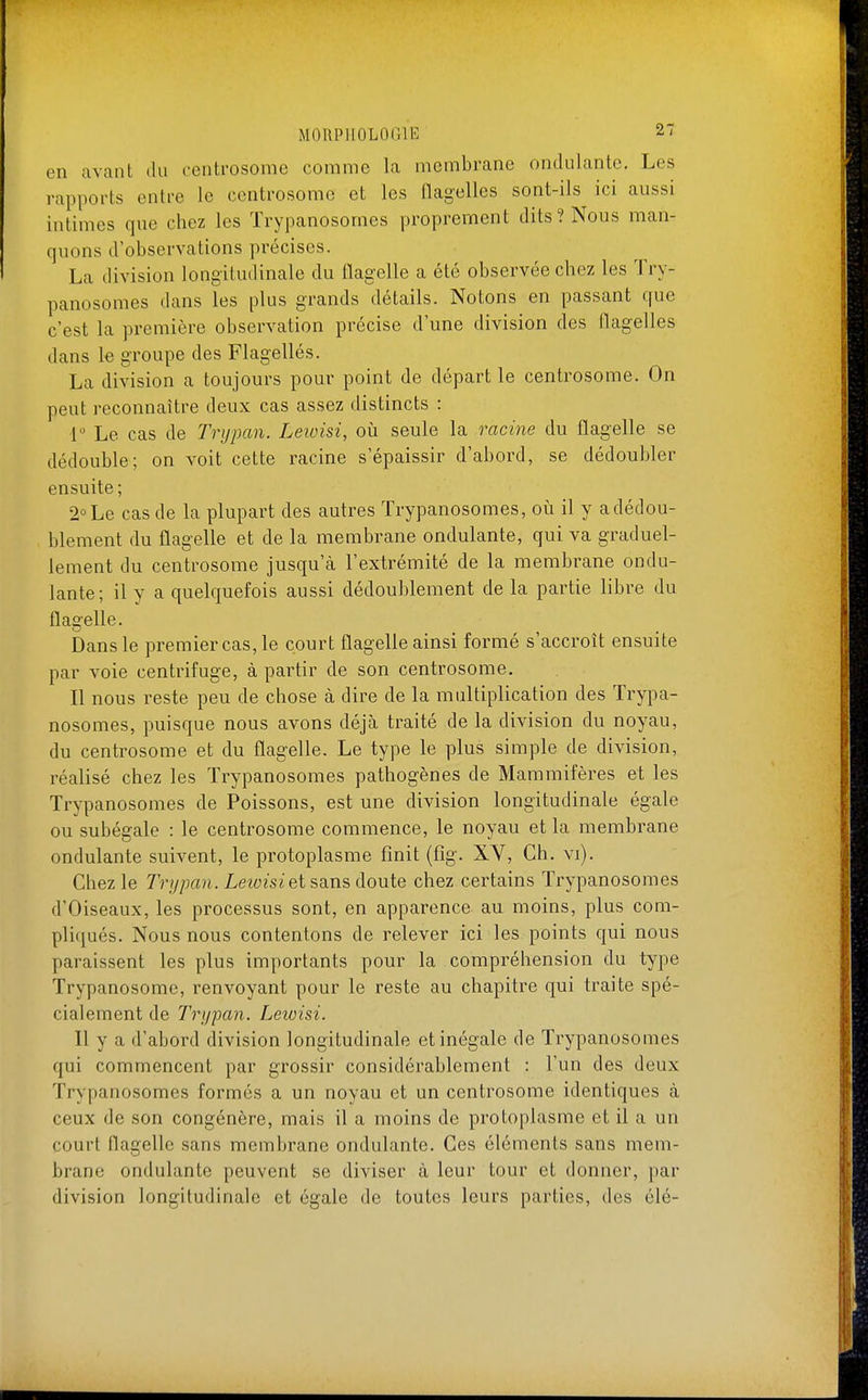 en avant du oentrosome comme la membrane ondulante. Les rapports entre le centrosome et les flagelles sont-ils ici aussi intimes que chez les ïrypanosomes proprement dits? Nous man- quons d'observations précises. La division longitudinale du flagelle a été observée chez les Try- panosomes dans les plus grands détails. Notons en passant que c'est la première observation précise d'une division des flagelles dans le groupe des Flagellés. La division a toujours pour point de départ le centrosome. On peut reconnaître deux cas assez distincts : V Le cas de Tri)pan. Leivisi, où seule la racine du flagelle se dédouble; on voit cette racine s'épaissir d'abord, se dédoubler ensuite ; 2° Le cas de la plupart des autres Trypanosomes, où il y a dédou- blement du flagelle et de la membrane ondulante, qui va graduel- lement du centrosome jusqu'à l'extrémité de la membrane ondu- lante; il y a quelquefois aussi dédoublement de la partie libre du flagelle. Dans le premier cas, le court flagelle ainsi formé s'accroît ensuite par voie centrifuge, à partir de son centrosome. Il nous reste peu de chose à dire de la multiplication des Trypa- nosomes, puisque nous avons déjà traité de la division du noyau, du centrosome et du flag-elle. Le type le plus simple de division, réalisé chez les Trypanosomes pathogènes de Mammifères et les Trypanosomes de Poissons, est une division longitudinale égale ou subégale : le centrosome commence, le noyau et la membrane ondulante suivent, le protoplasme finit (fîg. XV, Ch. vi). Chez le Trypan. Leivisi et ssin&àonte chez certains Trypanosomes d'Oiseaux, les processus sont, en apparence au moins, plus com- pliqués. Nous nous contentons de relever ici les points qui nous paraissent les plus importants pour la compréhension du type Trypanosome, renvoyant pour le reste au chapitre qui traite spé- cialement de Trypan. Lewisi. Il y a d'abord division longitudinale et inégale de Trypanosomes qui commencent par grossir considérablement : l'un des deux Trypanosomes formés a un noyau et un centrosome identiques à ceux de son congénère, mais il a moins de protoplasme et il a un court flagelle sans membrane ondulante. Ces éléments sans mem- brane ondulante peuvent se diviser à leur tour et donner, par division longitudinale et égale de toutes leurs parties, des élé-