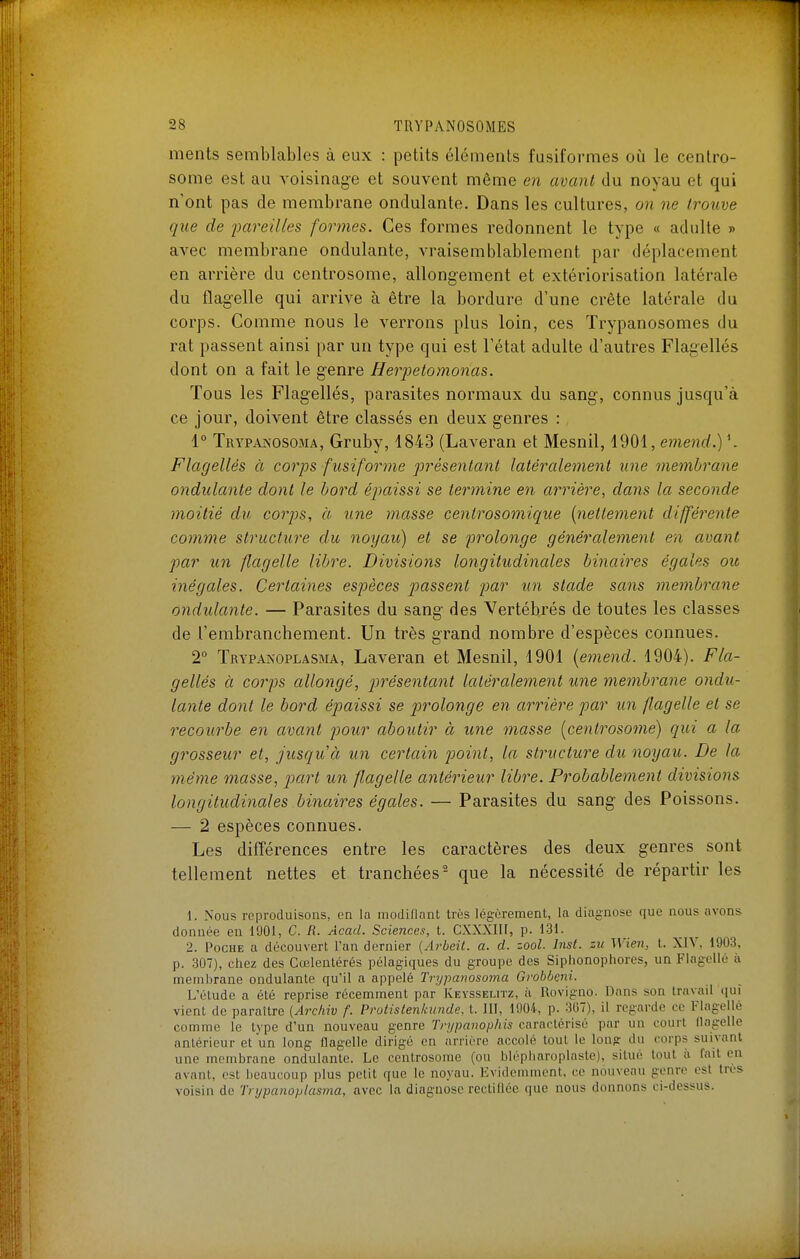 ments semblables à eux : petits éléments fusiformes où le centro- some est au voisinage et souvent même oi avant du noyau et qui n'ont pas de membrane ondulante. Dans les cultures, o?i ne trouve que de pareilles formes. Ces formes redonnent le type « adulte » avec membrane ondulante, vraisemblablement par déplacement en arrière du centrosome, allongement et extériorisation latérale du flagelle qui arrive à être la bordure d'une crête latérale du corps. Comme nous le verrons plus loin, ces Trypanosomes du rat passent ainsi par un type qui est l'état adulte d'autres Flagellés dont on a fait le genre Herpetomonas. Tous les Flagellés, parasites normaux du sang, connus jusqu'à ce jour, doivent être classés en deux genres : 1° Trypaisosoma, Gruby, 1843 (Laveran et Mesnil, 1901, eniend.) \ Flagellés à corps fusiforme présentant latéralement une membrane ondulante dont le bord épaissi se termine en ai^ière, dans la seconde moitié du corps, à une masse cenlrosomique {nettement différente comme structure du noyau) et se prolonge généralement en avant par un flagelle libre. Divisions longitudinales binaires égales oit inégales. Certaines espèces passent par un stade sans membrane ondulante. — Parasites du sang des Vertébrés de toutes les classes de l'embranchement. Un très grand nombre d'espèces connues. 2° Trypanoplasma, Laveran et Mesnil, 1901 {emend. 1904). Fla- gellés à corps allongé, pirésentant latéralement une membrane ondu- lante dont le bord épaissi se prolonge en arrière par un flagelle et se recourbe en avant pour aboutir à une masse [centrosome) qui a la grosseur et, jusqu'à un certain point, la structure du noyau. De la même masse, part un flagelle antérieur libre. Probablement divisions longitudinales binaires égales. — Parasites du sang des Poissons. — 2 espèces connues. Les différences entre les caractères des deux genres sont tellement nettes et tranchées- que la nécessité de répartir les 1. Nous reproduisons, en la modillant très légèrement, la diagnose que nous avons donnée en 1901, C. R. Acad. Sciences, t. CXXXIU, p. 131. 2. Poche a découvert Tan dernier {Arbeit. a. d. zool. Inst. zu Wien, t. XIV, 1903, p. 307), chez des Cœlentérés pélagiques du groupe des Siplionophores, un Flagellé à membrane ondulante qu'il a appelé Trypanosoma GrohOeni. L'étude a été reprise récemment par Kevsseutz, ii Rovigno. Dans son travail qui vient de paraître {Archiv f. Protislenkunde. t. 111, 1904, p. 3U7), il regarde ce Flagellé comme le type d'un nouveau genre Tnjpanophis caractérisé par un court llagellc antérieur et un long Oagelle dirigé en arrière accolé tout le long du corps suivant une membrane ondulante. Le centrosome (ou blépharoplaste), situé tout à fait en avant, est beaucoup plus petit que le noyau. Evidemment, ce nouveau genre est très voisin de Tnjpanoplasma, avec la diagnose rectiliée que nous donnons ci-dessus.