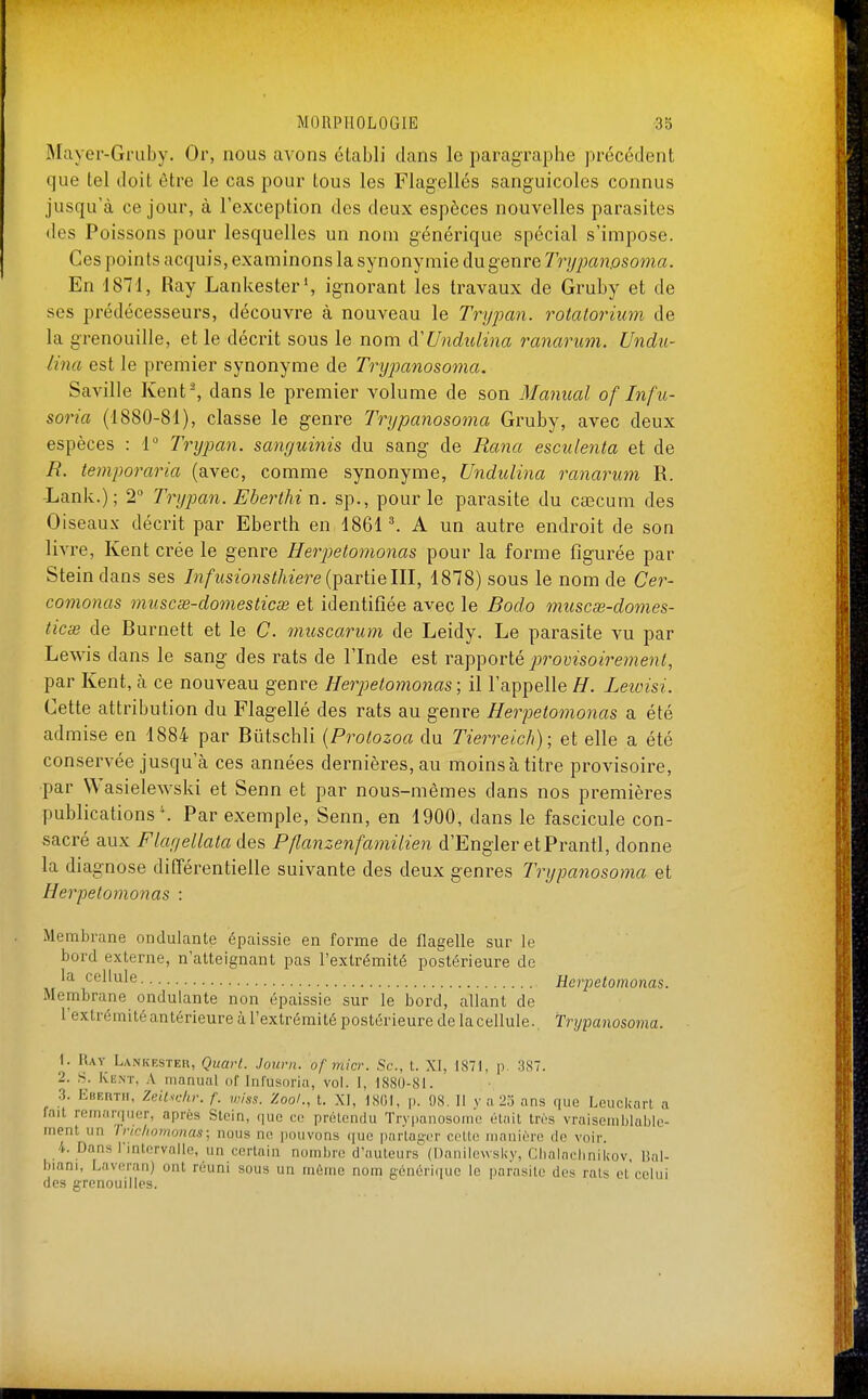 IMayer-Gruby. Or, nous avons établi dans le paragraphe précédent que tel doit être le cas pour tous les Flagellés sanguicoles connus jusqu'à ce jour, à l'exception des deux espèces nouvelles parasites des Poissons pour lesquelles un nom générique spécial s'impose. Ces points acquis, examinons la synonymie du genre Trypanpsoma. En 1871, Ray Lankester*, ignorant les travaux de Gruby et de ses prédécesseurs, découvre à nouveau le Trypan. rotalorium de la grenouille, et le décrit sous le nom dCUndidina ranarum. Undii- lina est le premier synonyme de TnjjKinosoma. Saville Kent-, dans le premier volume de son Manual of Infu- soria (1880-81), classe le genre Trypanosoma Gruby, avec deux espèces : 1° Tryimn. sanguinis du sang de Rana escidenta et de R. temporaria (avec, comme synonyme, Undulina ranarum R. -Lank.); 2° Trypan. Eberthi n. sp., pour le parasite du cœcum des Oiseaux décrit par Eberth en 1861 ^ A un autre endroit de son livre, Kent crée le genre Herpetomonas pour la forme figurée par Stein dans ses Infusionsthiere{^(\.Tiie\\l, 1878) sous le nom de Cer- comonas muscœ-domesticas et identifiée avec le Bodo muscse-domes- ticœ de Burnett et le C. ^nuscarum de Leidy. Le parasite vu par Lewis dans le sang des rats de l'Inde est rapporté provisoirement, par Kent, h ce nouveau genre Herpietomonas; il l'appelle H. Letvisi. Cette attribution du Flagellé des rats au genre Herpetomonas a été admise en 1884 par Bûtschli {Protozoa du Tierreich); et elle a été conservée jusqu'à ces années dernières, au moins à titre provisoire, par Wasielewski et Senn et par nous-mêmes dans nos premières publications'. Par exemple, Senn, en 1900, dans le fascicule con- sacré aux Flayellata des Pflanzenfamilien d'Engler etPrantl, donne la diagnose ditîérentielle suivante des deux genres Trypanosoma et Herpetomonas : Membrane ondulante épaissie en forme de flagelle sur le bord externe, n'atteignant pas l'extrémité postérieure de la cellule Herpetomonas. Membrane ondulante non épaissie sur le bord, allant de l'extrémité antérieure à l'extrémité postérieure de la cellule., trypanosoma. 1. Hay Lankester, Quart. Jourii. ofmicr. Se, L. XI, 1871, p. -387. 2. S. Ke.nt, a inanual of Inlusoriii, vol. I, 1880-81. 3. Eberth, Zeitsdir. f. wm. Zoo/., t. XI, 1801, p. 08. II y a 23 ans que Leuckarl a fait remarriiier, après Stein, ([ue ce prétendu Trypanosome élait très vraisemblable- ment un Trichomonas; nous ne pouvons que partager cette manière de voir. 4. Dans l'intervalle, un certain nombre d'auteurs (Daniiewsky, Clialaebnikov, lîal- biani, Laveran) ont réuni sous un môme nom générique le parasite des rats etcelui des grenouilles.