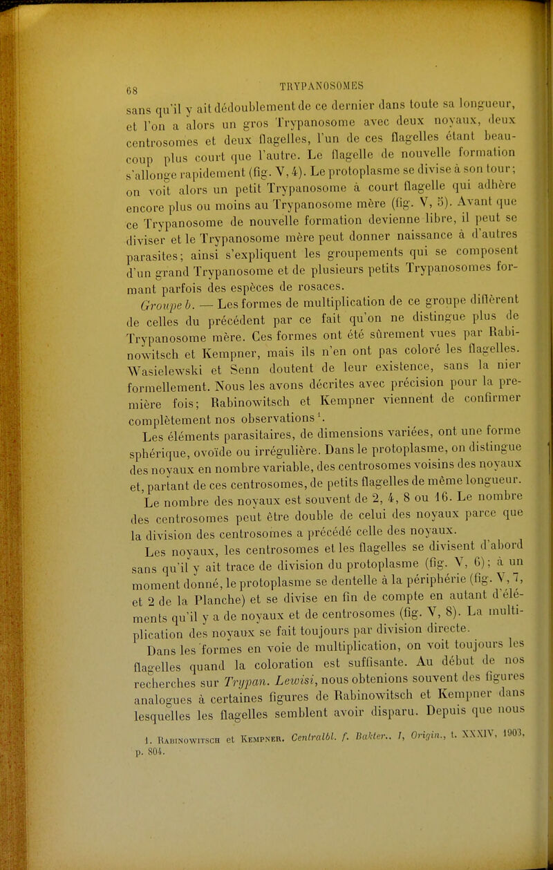 sans qu'il y ait dédoublement de ce dernier dans toute sa longueur, et l'on a alors un gros Trypanosome avec deux noyaux, deux centrosomes et deux flagelles, l'un de ces flagelles étant beau- coup plus court que l'autre. Le flagelle de nouvelle formation s'allonge rapidement (fig. V, 4). Le protoplasme se divise à son tour ; on voit alors un petit Trypanosome à court flagelle qui adhère encore plus ou moins au Trypanosome mère (fig. V, 5). Avant que ce Trypanosome de nouvelle formation devienne libre, il peut se diviser et le Trypanosome mère peut donner naissance à d'autres parasites; ainsi s'expliquent les groupements qui se composent d'un grand Trypanosome et de plusieurs petits Trypanosomes for- mant parfois des espèces de rosaces. Groupe b. — Les formes de multiplication de ce groupe diflèrent de celles du précédent par ce fait qu'on ne distingue plus de Trypanosome mère. Ces formes ont été sûrement vues par Rabi- nowitsch et Kempner, mais ils n'en ont pas coloré les flagelles. Wasielewski et Senn doutent de leur existence, sans la mer formellement. Nous les avons décrites avec précision pour la pre- mière fois; Rabinowitsch et Kempner viennent de confirmer complètement nos observations ^ Les éléments parasitaires, de dimensions variées, ont une forme sphérique, ovoïde ou irrégulière. Dans le protoplasme, on distingue des noyaux en nombre variable, des centrosomes voisins des noyaux et, partant de ces centrosomes, de petits flagelles de même longueur. Le nombre des noyaux est souvent de 2, 4, 8 ou 16. Le nombre des centrosomes peut être double de celui des noyaux parce que la division des centrosomes a précédé celle des noyaux. Les noyaux, les centrosomes et les flagelles se divisent d'abord sans qu'il y ait trace de division du protoplasme (fig. V, 6) ; à un moment donné, le protoplasme se dentelle à la périphérie (fig. V, 1, et 2 de la Planche) et se divise en fin de compte en autant d'élé- ments qu'il y a de noyaux et de centrosomes (fig. V, 8). La multi- plication des noyaux se fait toujours par division directe. Dans les formes en voie de multiplication, on voit toujours les flagelles quand la coloration est suffisante. Au début de nos recherches sur Trijpan. Leiowi, nous obtenions souvent des figures analogues à certaines figures de Rabinowitsch et Kempner dans lesquelles les flagelles semblent avoir disparu. Depuis que nous 1. Rabinowitsch et Kempner. Cenlralbl. f. BaHer., I, Orifiin., t. XX.XIV, 1903, p. 804.