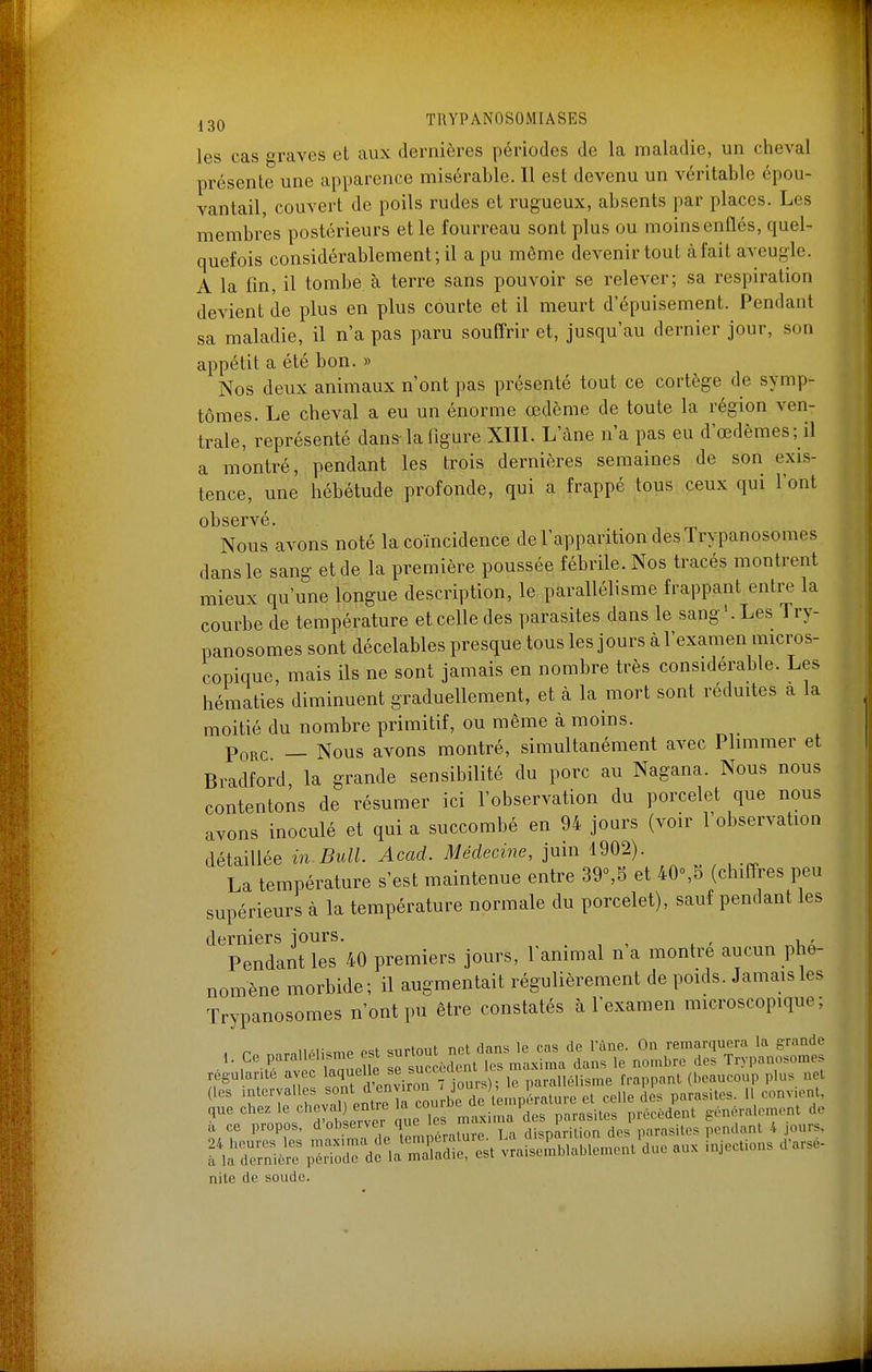 les cas graves et aux dernières périodes de la maladie, un cheval présente une apparence misérable. Il est devenu un véritable épou- vantail, couvert de poils rudes et rugueux, absents par places. Les membres postérieurs elle fourreau sont plus ou moins enflés, quel- quefois considérablement; il a pu môme devenir tout àfait aveugle. A la fin, il tombe à terre sans pouvoir se relever; sa respiration devient de plus en plus courte et il meurt d'épuisement. Pendant sa maladie, il n'a pas paru souffrir et, jusqu'au dernier jour, son appétit a été bon. « Nos deux animaux n'ont pas présenté tout ce cortège de symp- tômes. Le cheval a eu un énorme œdème de toute la région ven- trale, représenté dans-la figure XIIL L'âne n'a pas eu d'œdèmes; il a montré, pendant les trois dernières semaines de son exis- tence, une hébétude profonde, qui a frappé tous ceux qui l'ont observé. Nous avons noté la coïncidence de l'apparition des Trypanosomes dans le sang et de la première poussée fébrile. Nos tracés montrent mieux qu'une longue description, le parallélisme frappant entre la courbe de température et celle des parasites dans le sang'. Les Try- panosomes sont décelables presque tous les j ours à l'examen micros- copique, mais ils ne sont jamais en nombre très considérable. Les hématies diminuent graduellement, et à la mort sont réduites a la moitié du nombre primitif, ou même à moins. Porc — Nous avons montré, simultanément avec Plimmer et Bradford, la grande sensibilité du porc au Nagana. Nous nous contentons de résumer ici l'observation du porcelet que nous avons inoculé et qui a succombé en 94 jours (voir l'observation détaillée in. Bull. Acad. Médecine, juin 1902). La température s'est maintenue entre 39°,5 et 40%5 (chiffres peu supérieurs à la température normale du porcelet), sauf pendant les derniers jours. . , Pendant les 40 premiers jours, l'animal n a montre aucun phé- nomène morbide; il augmentait régulièrement de poids. Jamais les Trypanosomes n'ont pu être constatés à l'examen microscopique; . r .nii,Mi«mP ost surtout nct dans le cas de Tùne. On remarquera la grande 1. Ce paralkl.Mne est J^rtout ^^^^^^ ^^^^^^^^ Trypanosomes régulante avec ^^'^^f j^^,,^ u, parallélisme frappant (beaucoup plus net les intervalles sont d environ ' J y . , . celle des parasites. 11 convient, que che. le cheval) entre ^l^^^ ^'^V^^ll^l^^^-^ gcnérale.ncnt de a ce propos, d observei t n disnarilion des parasites pendant 4 jours, nite de soude.