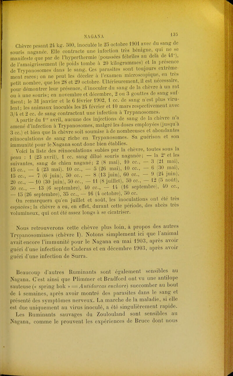 Chèvre pesant 24 kg. 300, inoculée le 2o octobre 1901 avec du sang de souris naganée. Elle contracte une inïcction très bénigne, qui ne se manifeste que par de l'hyperthcrmic (poussées fébriles au delà de 41), de l'amaigrissement (le poids tombe à 20 lùlogrammes) et la présence de Trypanosomes dans le sang. Ces parasites sont toujours extreme- ment'rares; on ne peut les déceler à l'examen microscopique, en très petit nomljre, que les 28 et 29 octobre. Ultérieurement, il est nécessaire, pour démontrer leur présence, d'inoculer du sang de la chèvre à un rat ou à une souris; en novembre et décembre, 2 ou 3 gouttes de sang suf- fisent; le 31 janvier et le 6 février 1902, 1 ce. de sang n'est plus viru- lent; ics animaux inoculés les 24 février et 10 mars respectivement avec 3/4 et 2 ce. de sang contractent une infection à Trypanosomes. A partir du 1' avril, aucune des injections de sang de la chèvre n'a amené d'infection à Trypanosomes, malgré les doses employées (jusqu'à 3 ce.) et bien que la chèvre soit soumise à de nombreuses et abondantes réinoculations de sang riche en Trypanosomes. Sa guérisou et son immunité pour leNagana sont donc bien établies. Voici la liste des réinoculations subies par la chèvre, toutes sous la peau : 1 (23 avril), 1 ce. sang dilué souris naganée; — la 2° et les suivantes, sang de chien nagané; 2 (8 mai), 10 ce., — 3 (21 mai), 13 ce, — 4 (23 mai). 10 ce, — 5 (26 mai), 10 ce, — 6 (30 mai), 13 ce, - 7 (6 juin), 30 ce, - 8 (13 juin), 60 ce, - 9 (24 juin), 20 ce, — 10 (30 juin), 50 ce, — 11 (8 juillet), .30 ce, — 12 (.0 août), 30 ce, — 13 (6 septembre), 40 ce, — 14 (16 septembre), 40 ce, — 13 (26 septembre), 33 ce, — 16 (4 octobre), 30 ce On remarquera qu'en juillet et août, les inoculations ont été très espacées ; la chèvre a eu, en effet, durant cette période, des abcès très volumineux, qui ont été assez longs à se cicatriser. Nous retrouverons cette chèvre plus loin, à propos des autres ïrypanosomiases (chèvre I). Notons simplement ici que l'animal avait encore l'immunité pour le Nagana en mai 1903, après avoir guéri d'une infection de Caderas et en décembre 1903, après avoir guéri d'une infection de Surra. Beaucoup d'autres Ruminants sont également sensibles au Nagana. C'est ainsi que Plimmer et Bradford ont vu une antilope sauteuse (« spring bok » =Antidorcas euchore) succomber au bout de 4 semaines, après avoir montré des parasites dans le sang et présenté des symptômes nerveux. La marche de la maladie, si elle est due uniquement au virus inoculé, a été singulièrement rapide. Les Ruminants sauvages du Zoulouland sont sensibles au Nagana, comme le prouvent les expériences de Bruce dont nous