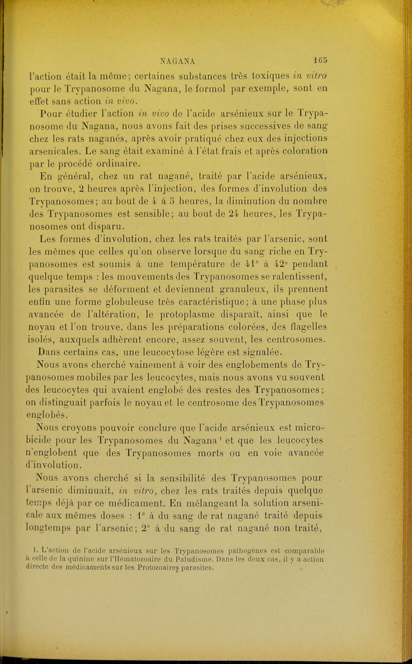 l'action était la même; certaines substances très toxiques in vitro pour le Trypanosome du Nagana, le formol par exemple, sont en effet sans action in vivo. Pour étudier l'action m vivo de l'acide arsénieux sur le Trypa- nosome du Nagana, nous avons fait des prises successives de sang- chez les rats naganés, après avoir pratiqué chez eux des injections arsenicales. Le sang était examiné à l'état frais et après coloration par le procédé ordinaire. En général, chez un rat nagané, traité par l'acide arsénieux, on trouve, 2 heures après l'injection, des formes d'involution des Trypanosomes ; au hout de 4 à 5 heures, la diminution du nombre des Trypanosomes est sensible; au bout de 24 heures, les Trypa- nosomes ont disparu. Les formes d'involution, chez les rats traités par l'arsenic, sont les mêmes que celles qu'on observe lorsque du sang riche en Try- panosomes est soumis à une température de 41 à 42° pendant quelque temps : les mouvements des Trypanosomes se ralentissent, les parasites se déforment et deviennent granuleux, ils prennent enfin une forme globuleuse très caractéristique; à une phase plus avancée de l'altération, le protoplasme disparaît, ainsi que le noyau et l'on trouve, dans les préparations colorées, des flagelles isolés, auxquels adhèrent encore, assez souvent, les centrosomes. Dans certains cas, une leucocytose légère est signalée. Nous avons cherché vainement à voir des englobements de Try- panosomes mobiles par les leucocytes, mais nous avons vu souvent des leucocytes qui avaient englobé des restes des Trypanosomes ; on distinguait parfois le noyau et le centrosome des Trypanosomes englobés. Nous croyons pouvoir conclure que l'acide arsénieux est micro- bicide pour les Trypanosomes du Nagana ' et que les leucocytes n'englobent que des Trypanosomes morts ou en voie avancée d'involution. Nous avons cherché si la sensibilité des Trypanosomes pour l'arsenic diminuait, in vitro, chez les rats traités depuis quelque tem.ps déjà par ce médicament. En mélangeant la solution arseni- cale aux mêmes doses : 1° à du sang de rat nagané traité depuis longtemps par l'arsenic; 2 à du sang de rat nagané non traité, 1. L'action de l'acide arsénieux sur les Trypanosomes palliogènes est comparahic il cfîlle de la ([uininc sur l'Hématozoaire du Paludisme. Dans les deux cas, il y a action directe des médicaments sur les Protozoairej parasites.